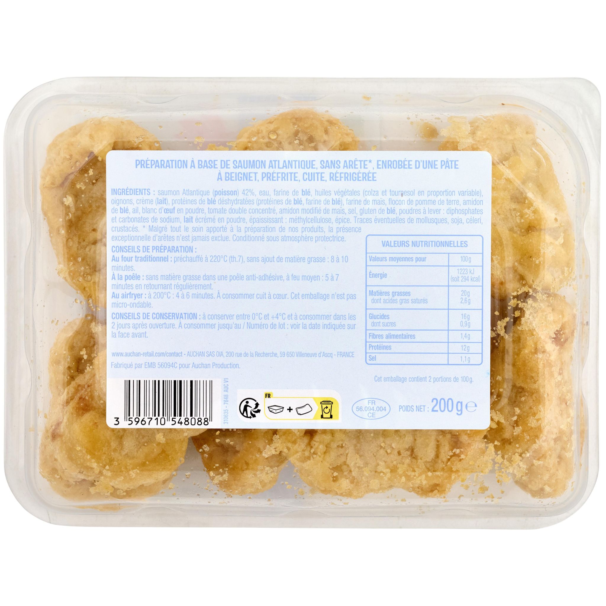 Voir la diapositive 2 : AUCHAN Bouchées au saumon façon fish and chips 200g