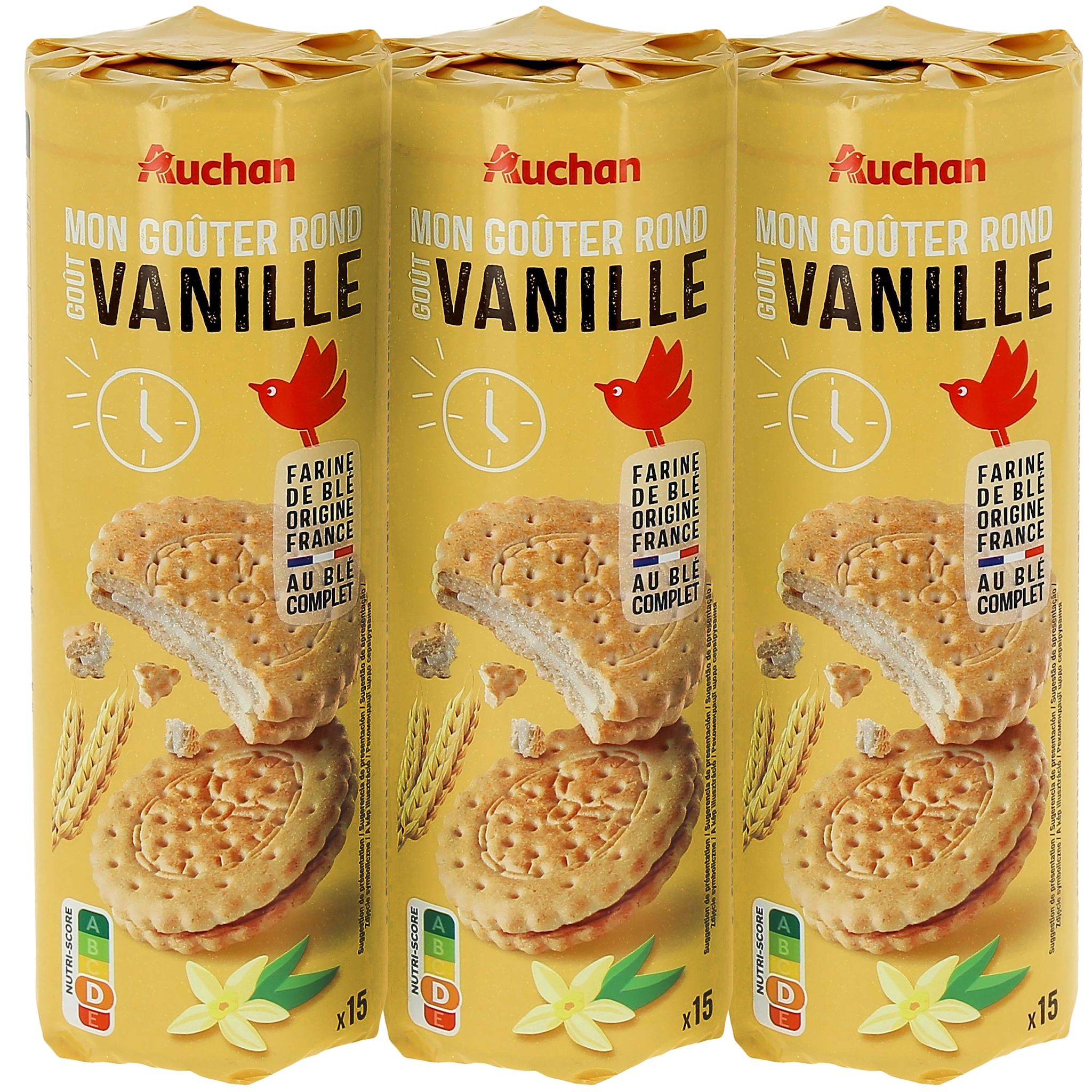 AUCHAN Biscuits fourrés goût vanille 3x300g
