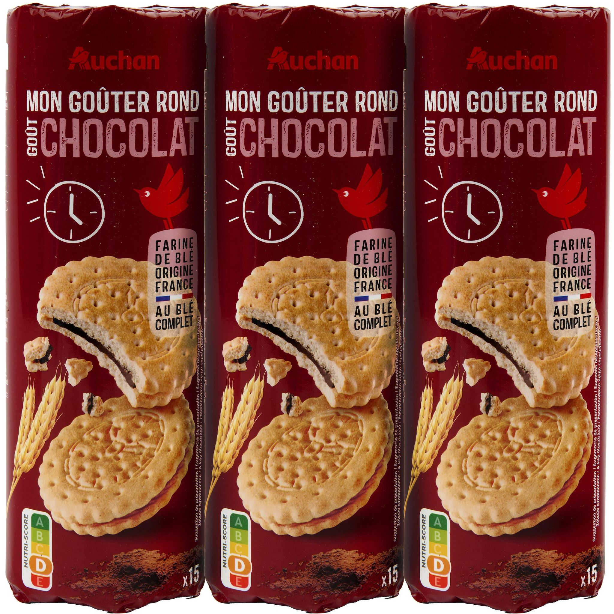 AUCHAN Biscuits fourrés ronds au chocolat 3x300g
