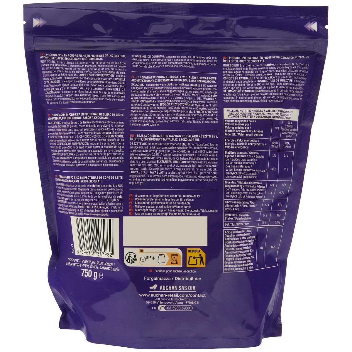 AUCHAN EAT'N MOVE Whey poudre protéinée saveur chocolat 25 doses 750g