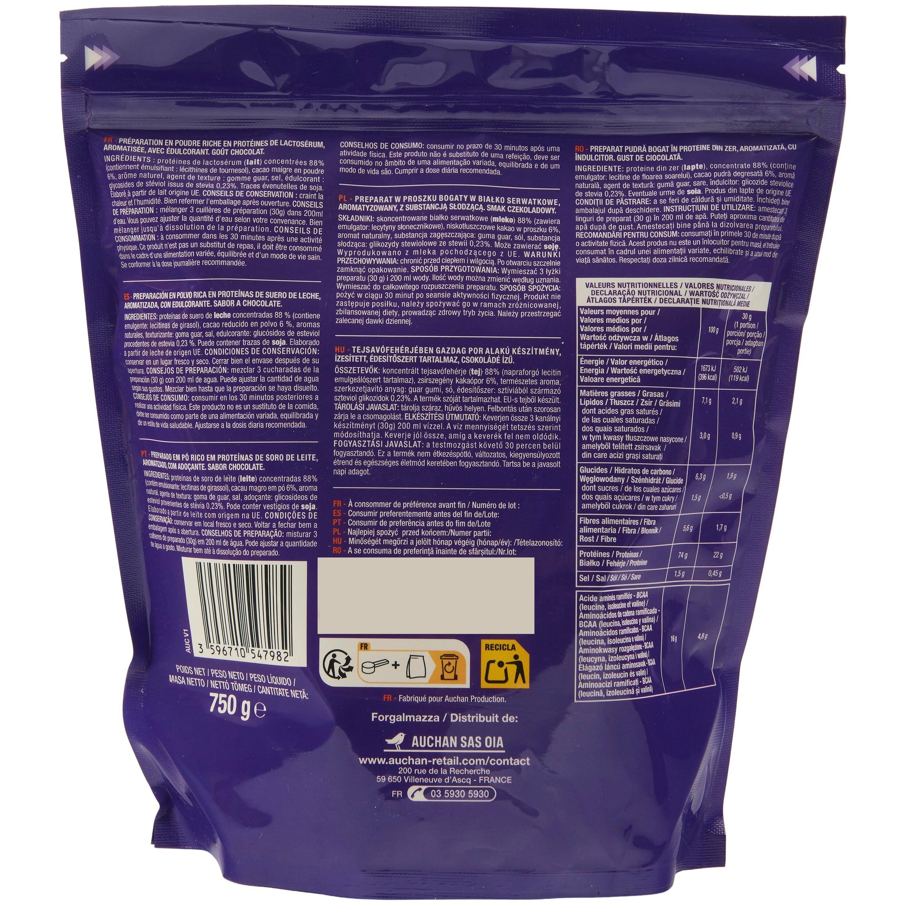 Voir la diapositive 3 : AUCHAN EAT'N MOVE Whey poudre protéinée saveur chocolat 25 doses 750g