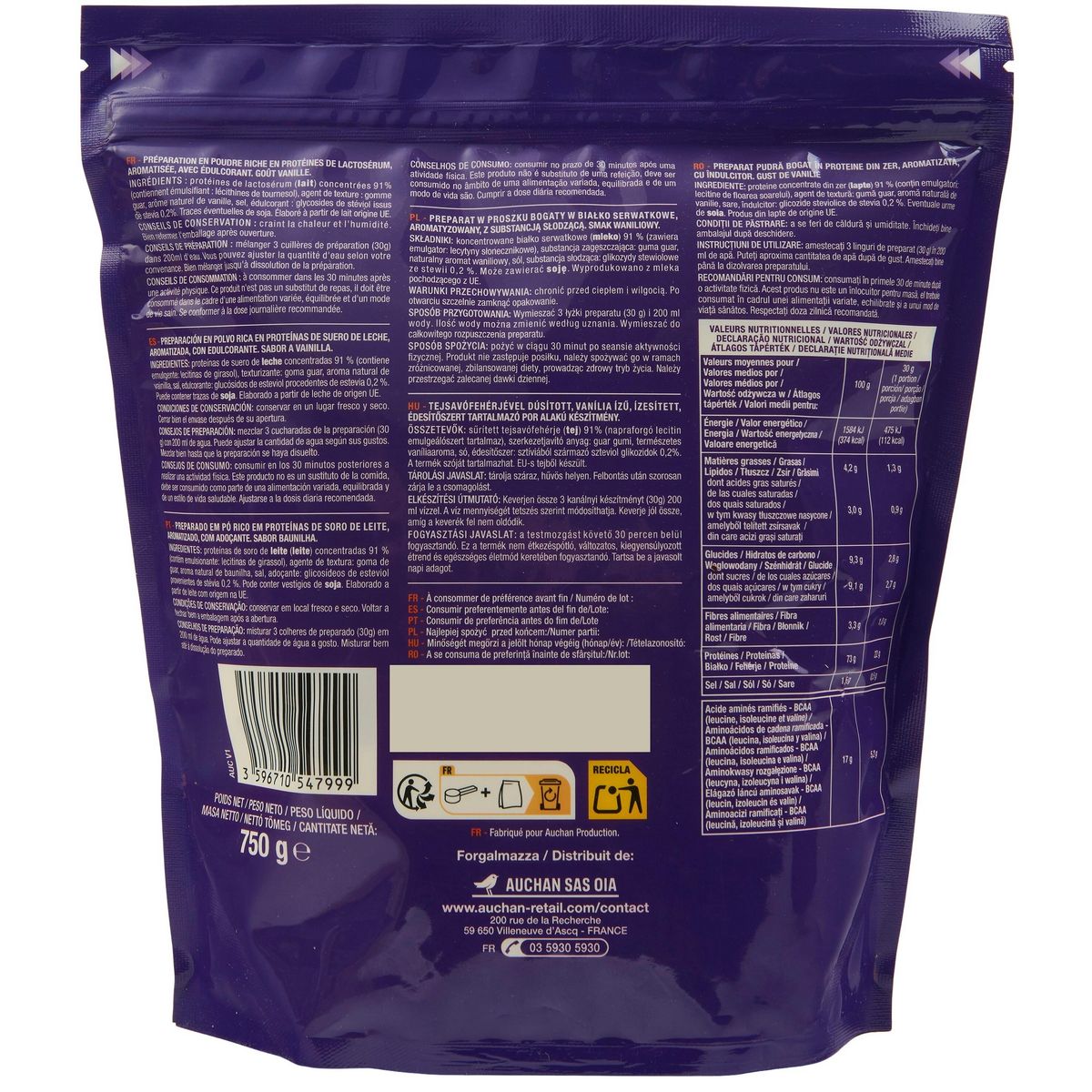 AUCHAN EAT'N MOVE Whey poudre protéinée goût vanille 25 doses 750g