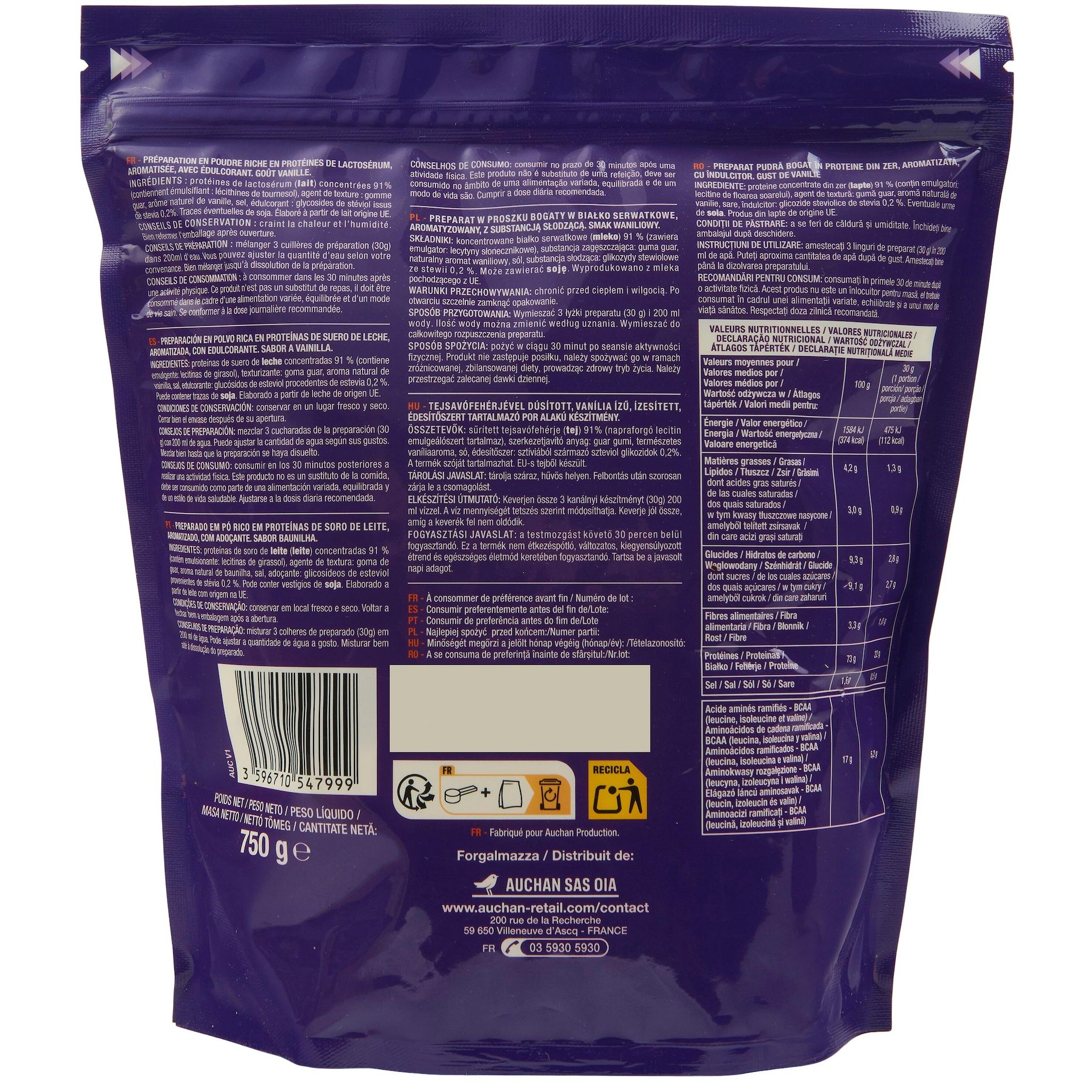 Voir la diapositive 3 : AUCHAN EAT'N MOVE Whey poudre protéinée goût vanille 25 doses 750g