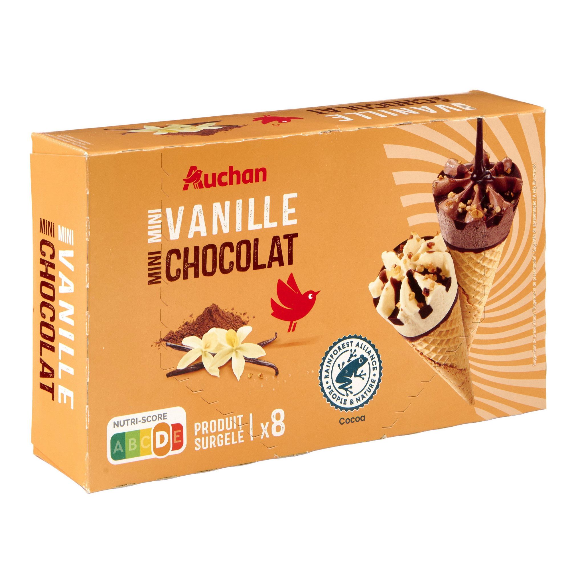 Voir la diapositive 2 : AUCHAN Mini cônes vanille chocolat 8 pieces 344g
