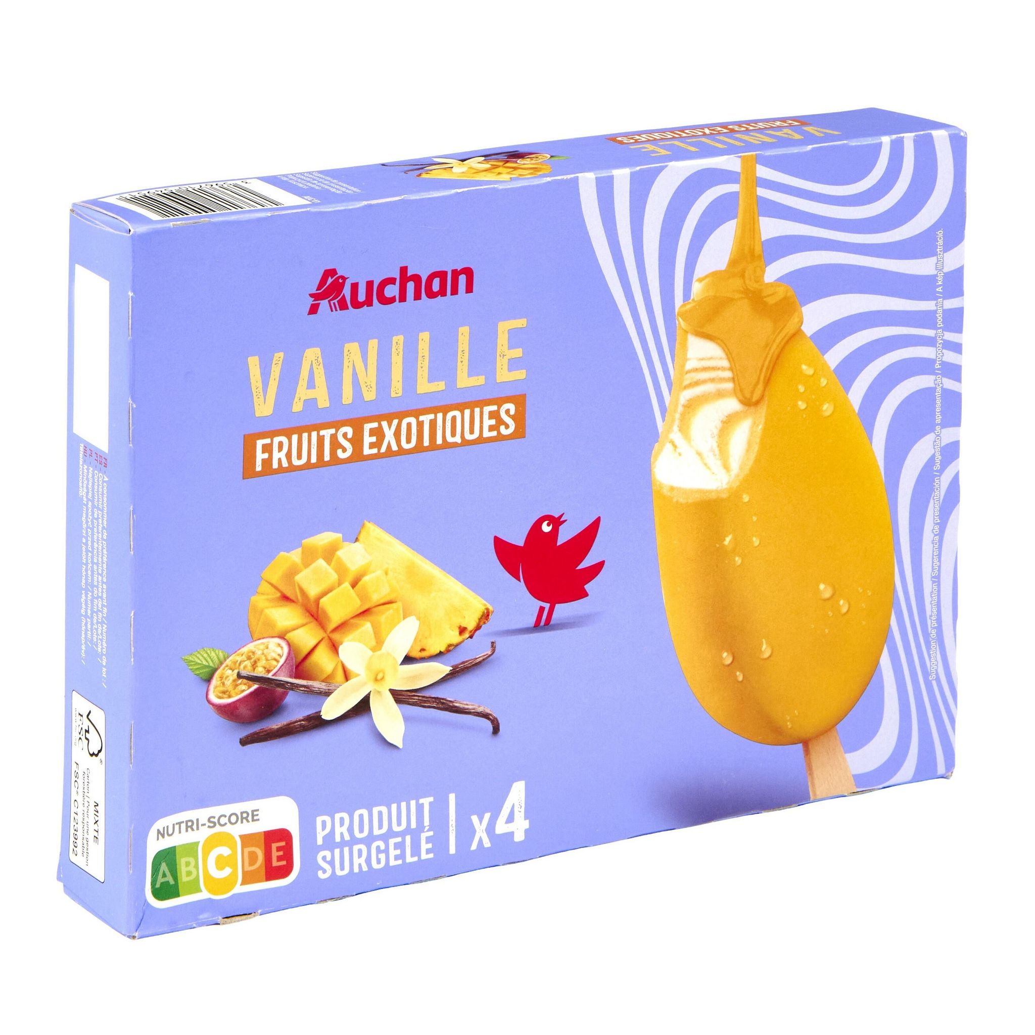 Voir la diapositive 2 : AUCHAN Bâtonnets vanille fruits exotiques 294G 4 pièces 294g