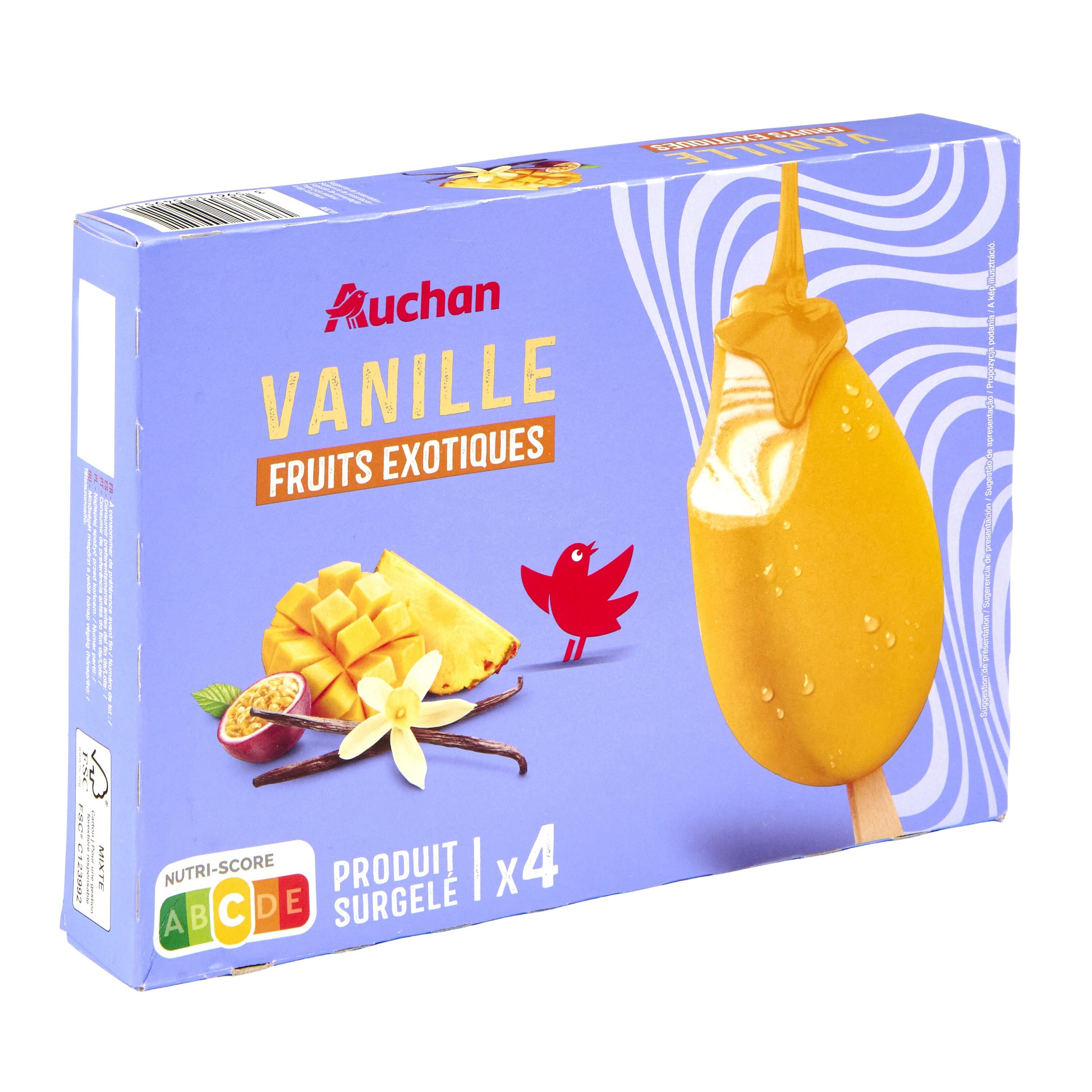 Voir la diapositive 3 : AUCHAN Bâtonnets vanille fruits exotiques 294G 4 pièces 294g