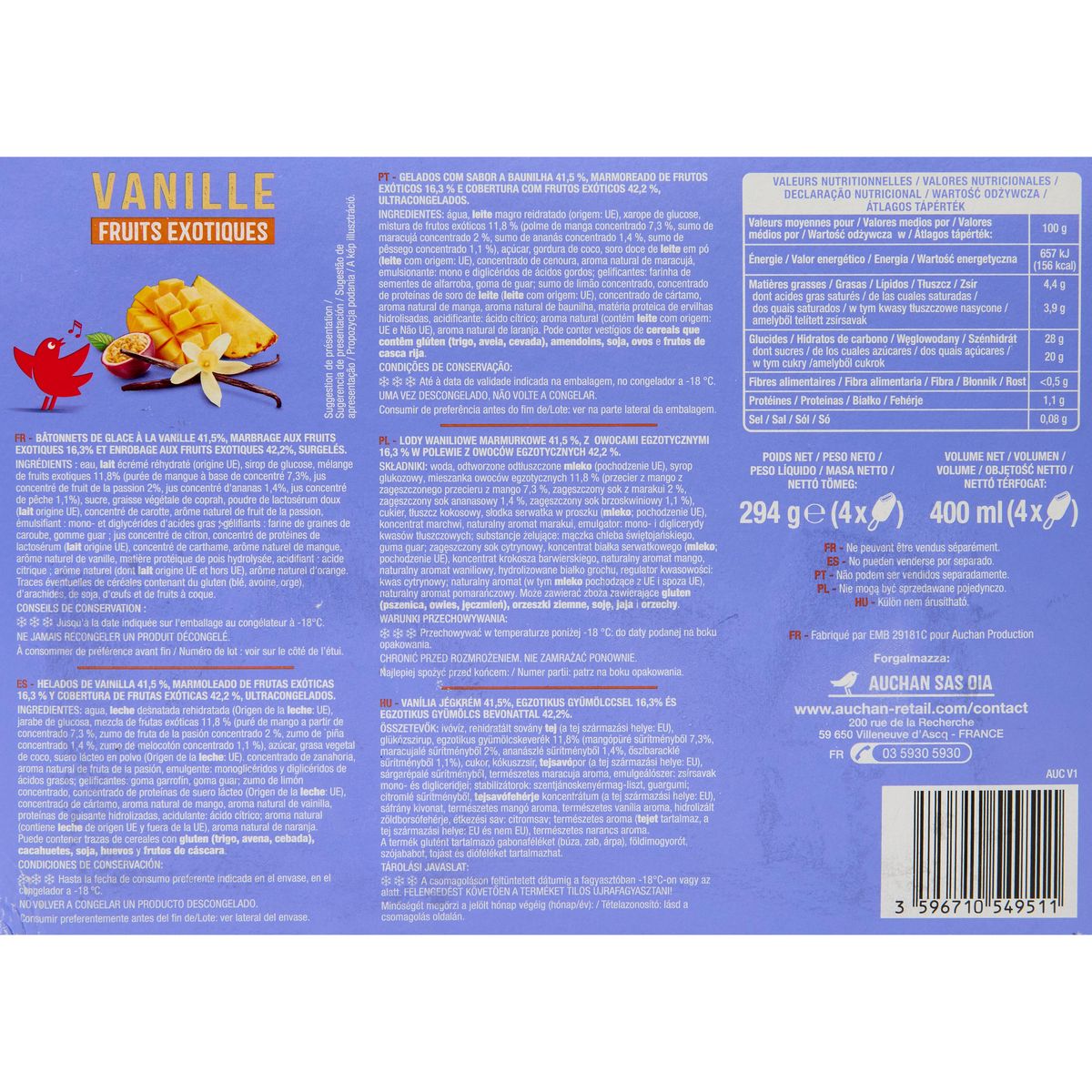 AUCHAN Bâtonnets vanille fruits exotiques  294G 4 pièces 294g