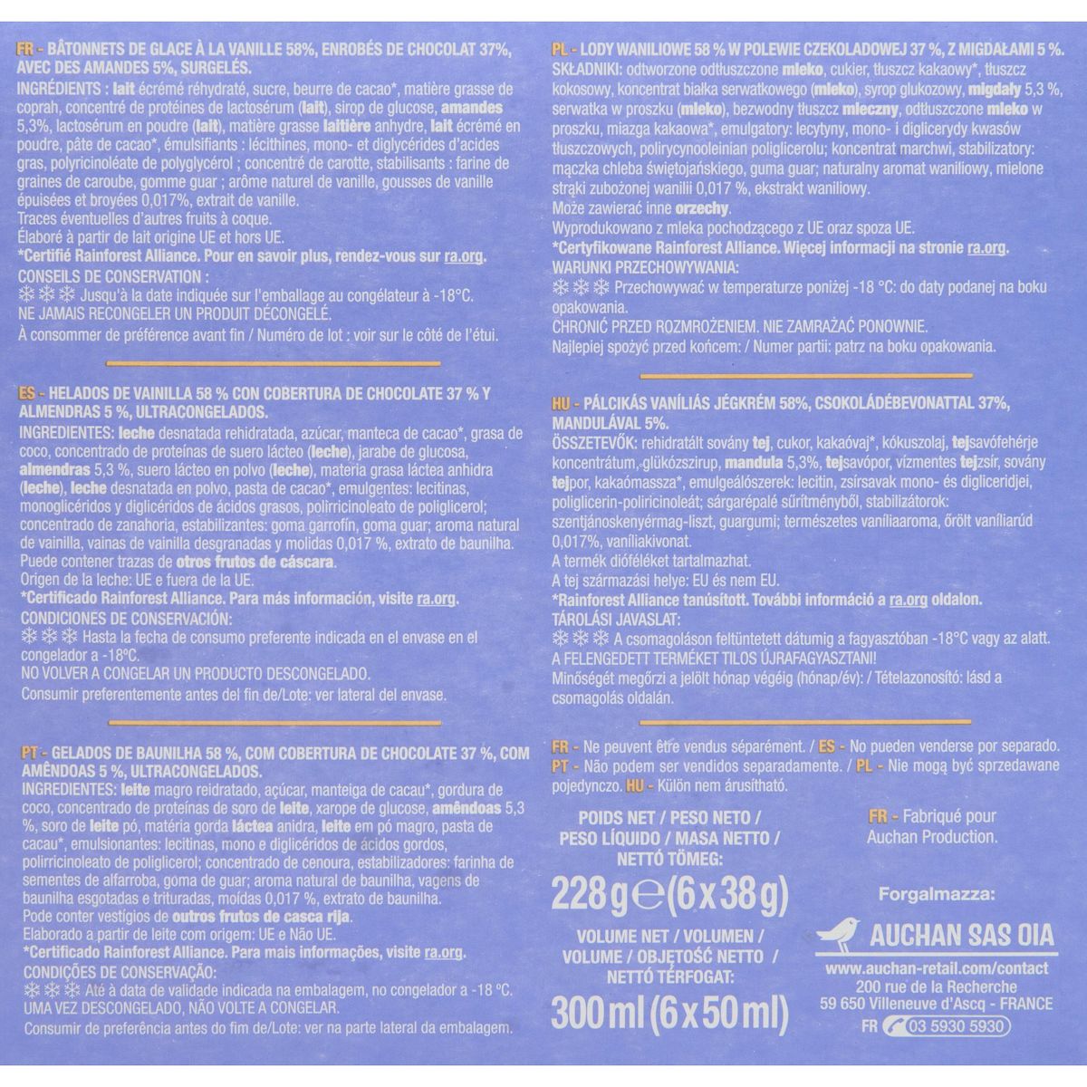 AUCHAN Mini bâtonnet glacé vanille amande 6 pièces 228g