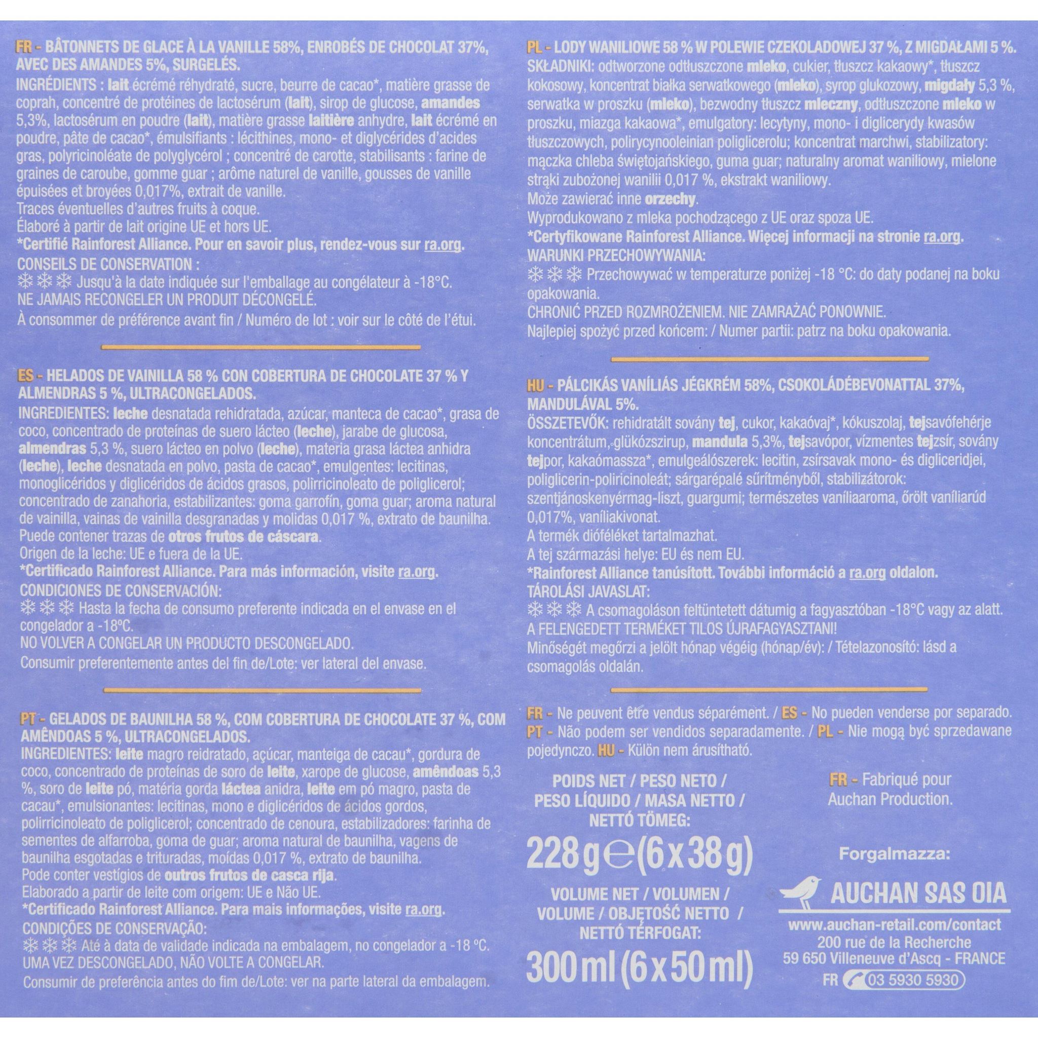 Voir la diapositive 2 : AUCHAN Mini bâtonnet glacé vanille amande 6 pièces 228g