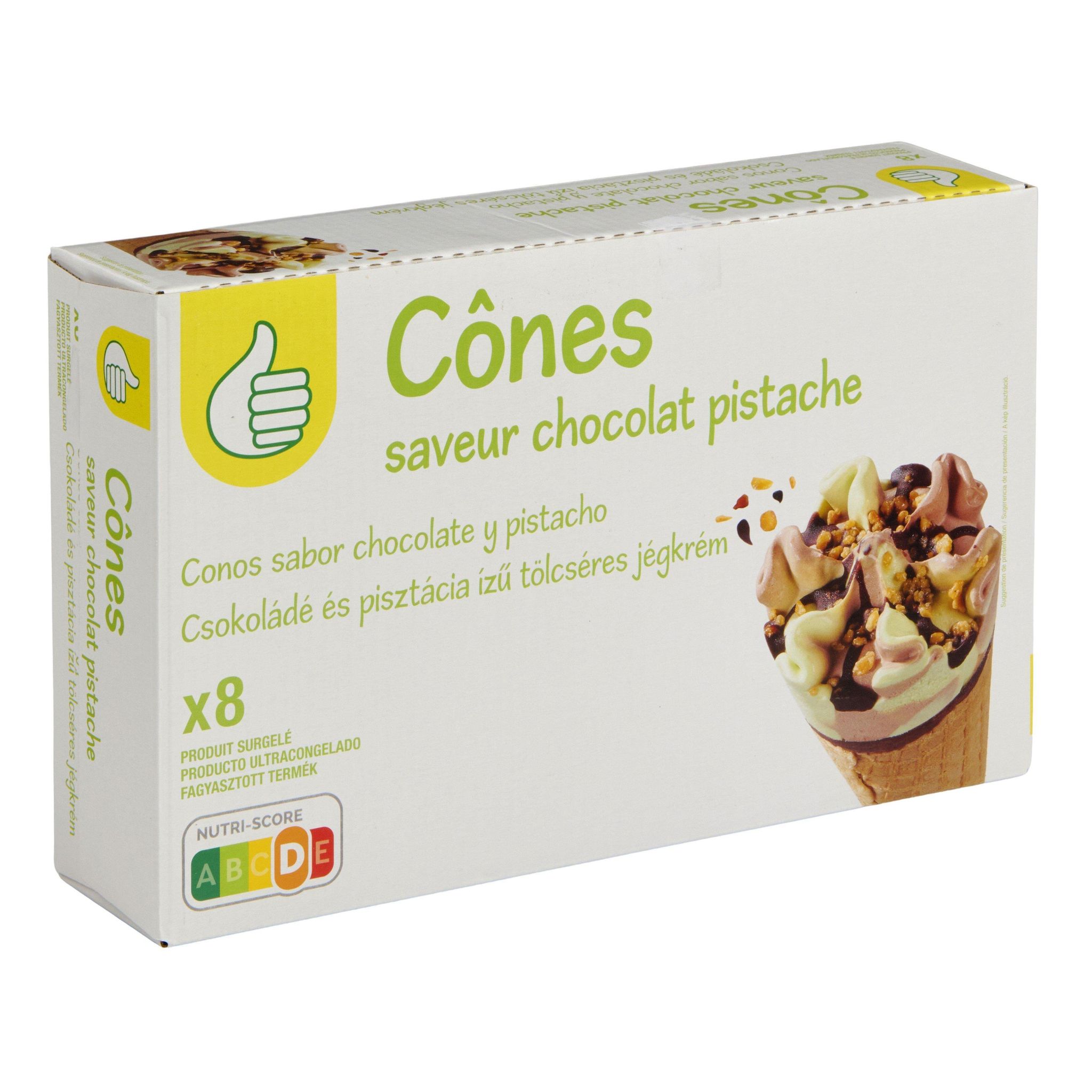 Voir la diapositive 2 : POUCE Cônes chocolat pistache 8 pièces 520g