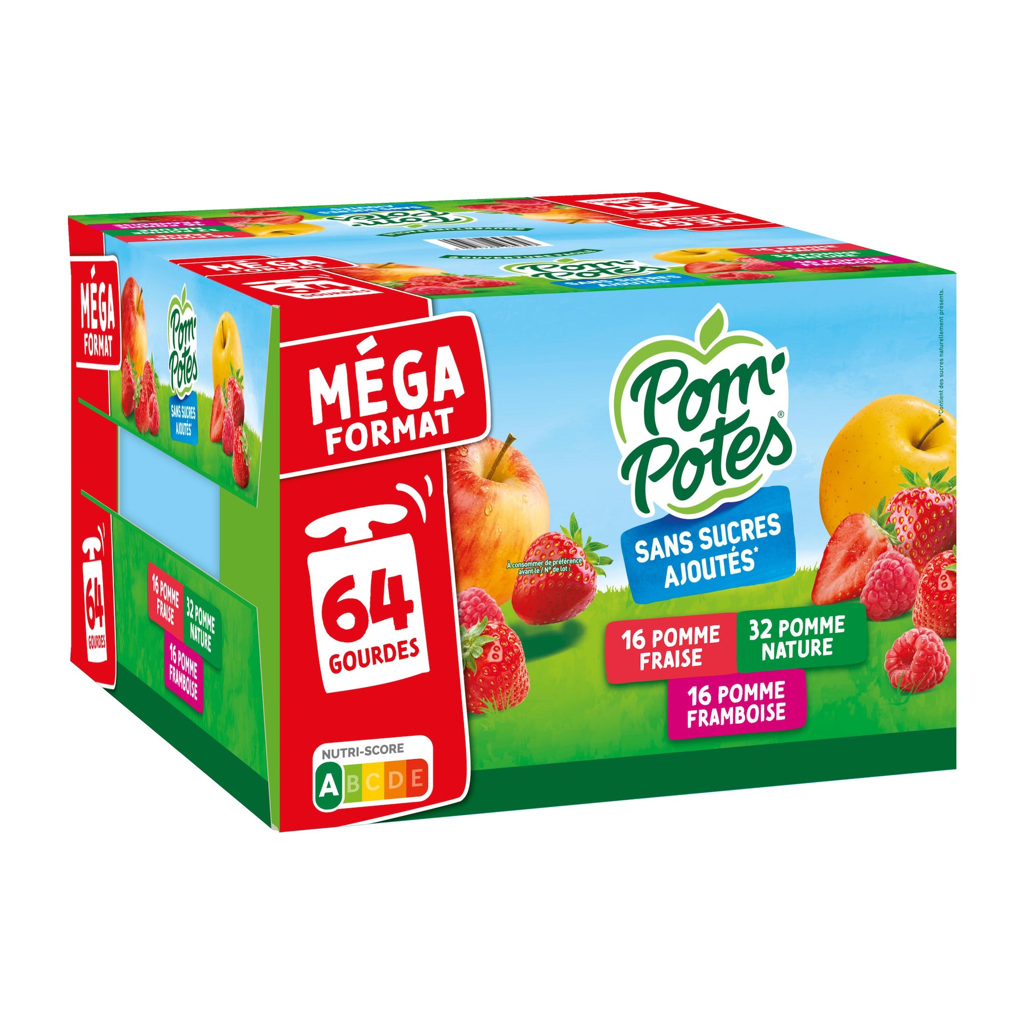 POM'POTES Gourdes compotes pomme fraise framboise sans sucres ajoutés 64 gourdes 64x90g