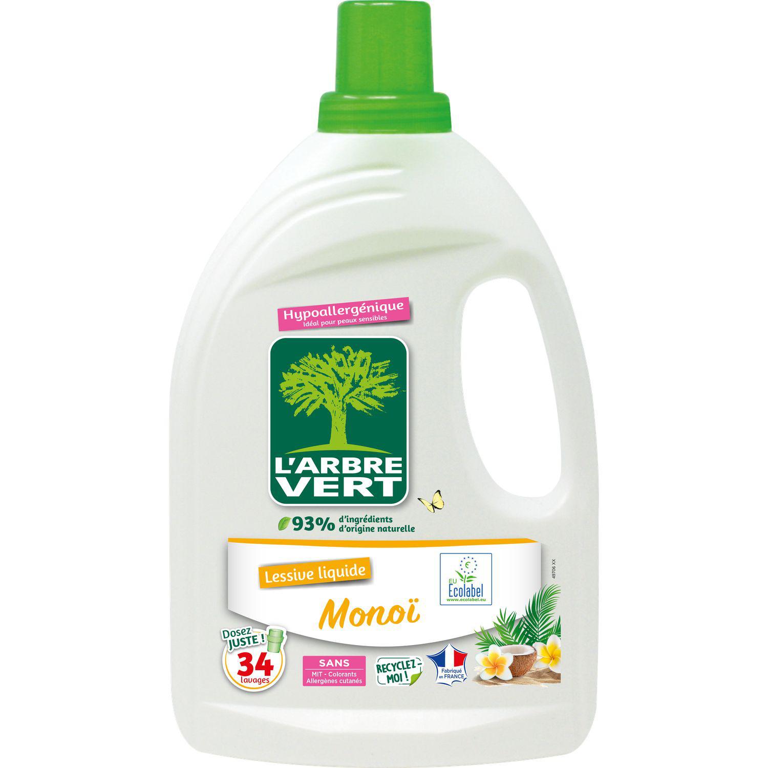 Voir la diapositive 2 : L'ARBRE VERT Lessive liquide hypoallergénique ecolabel monoï 34 lavages 1,53l