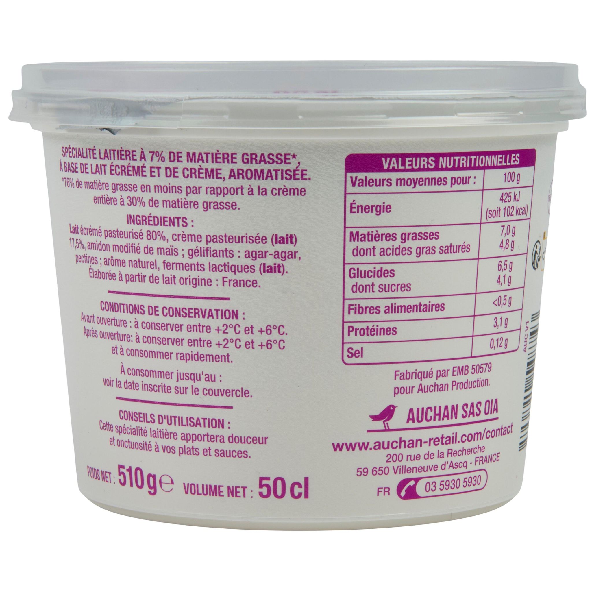 Voir la diapositive 4 : AUCHAN Spécialité laitière épaisse 7%MG 50cl