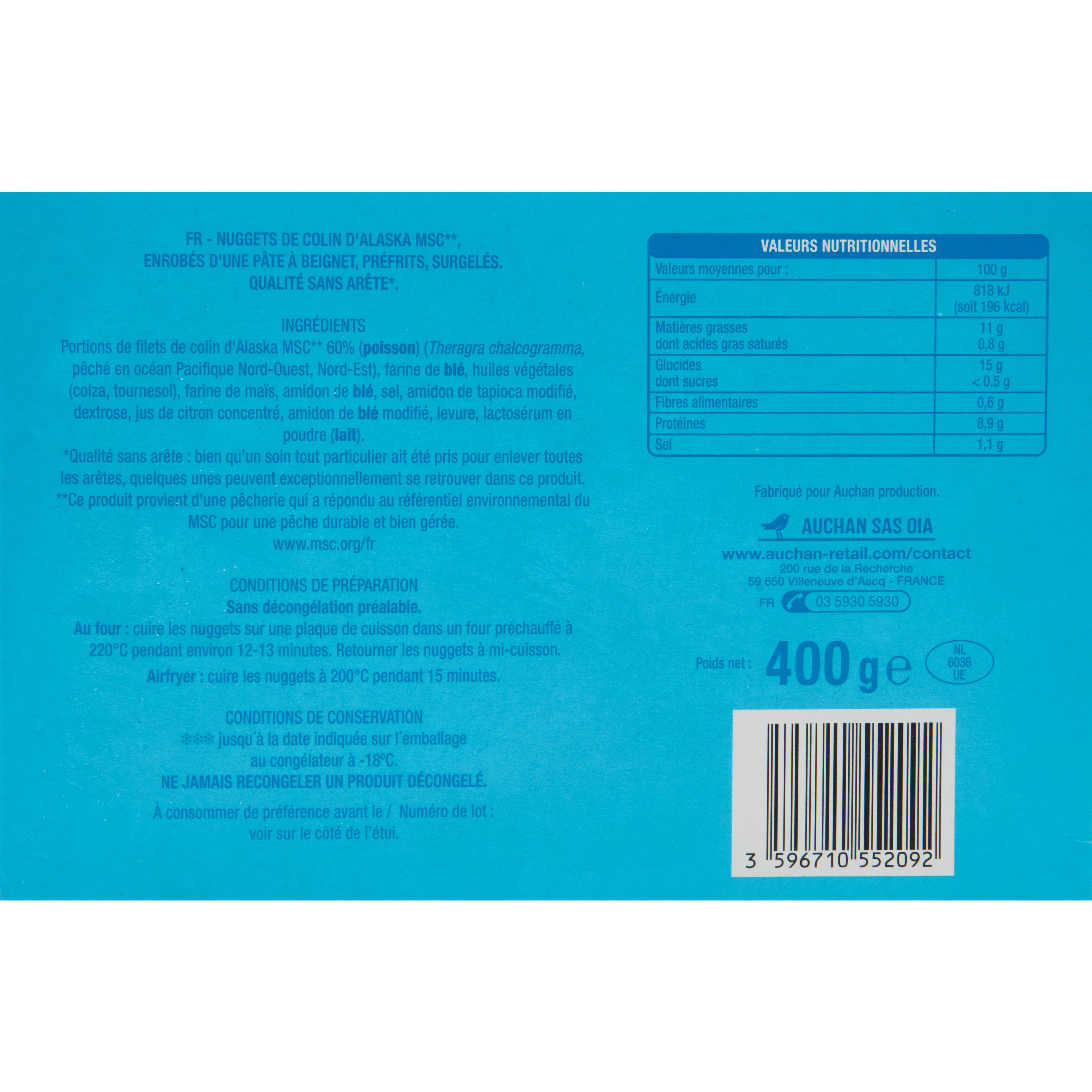 Voir la diapositive 2 : AUCHAN Nuggets de colin d'Alaska 100% filet 20 pièces 400g