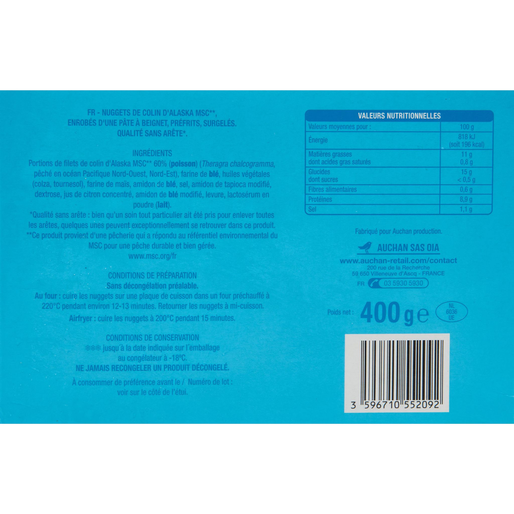 Voir la diapositive 2 : AUCHAN Nuggets de colin d'Alaska 100% filet 20 pièces 400g
