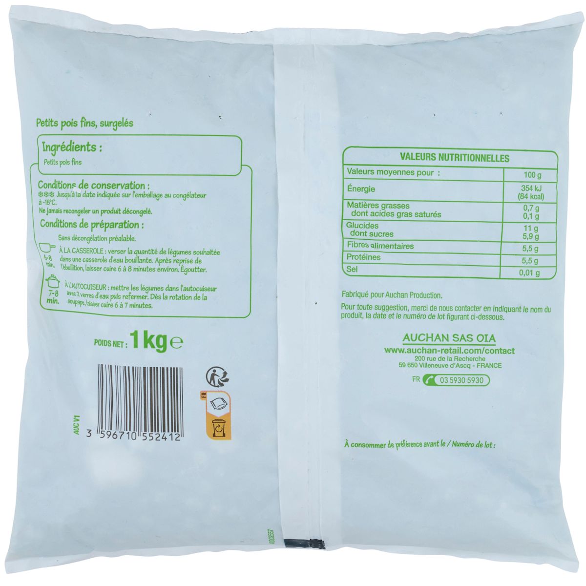 POUCE Petits pois fins 5 portions 1kg