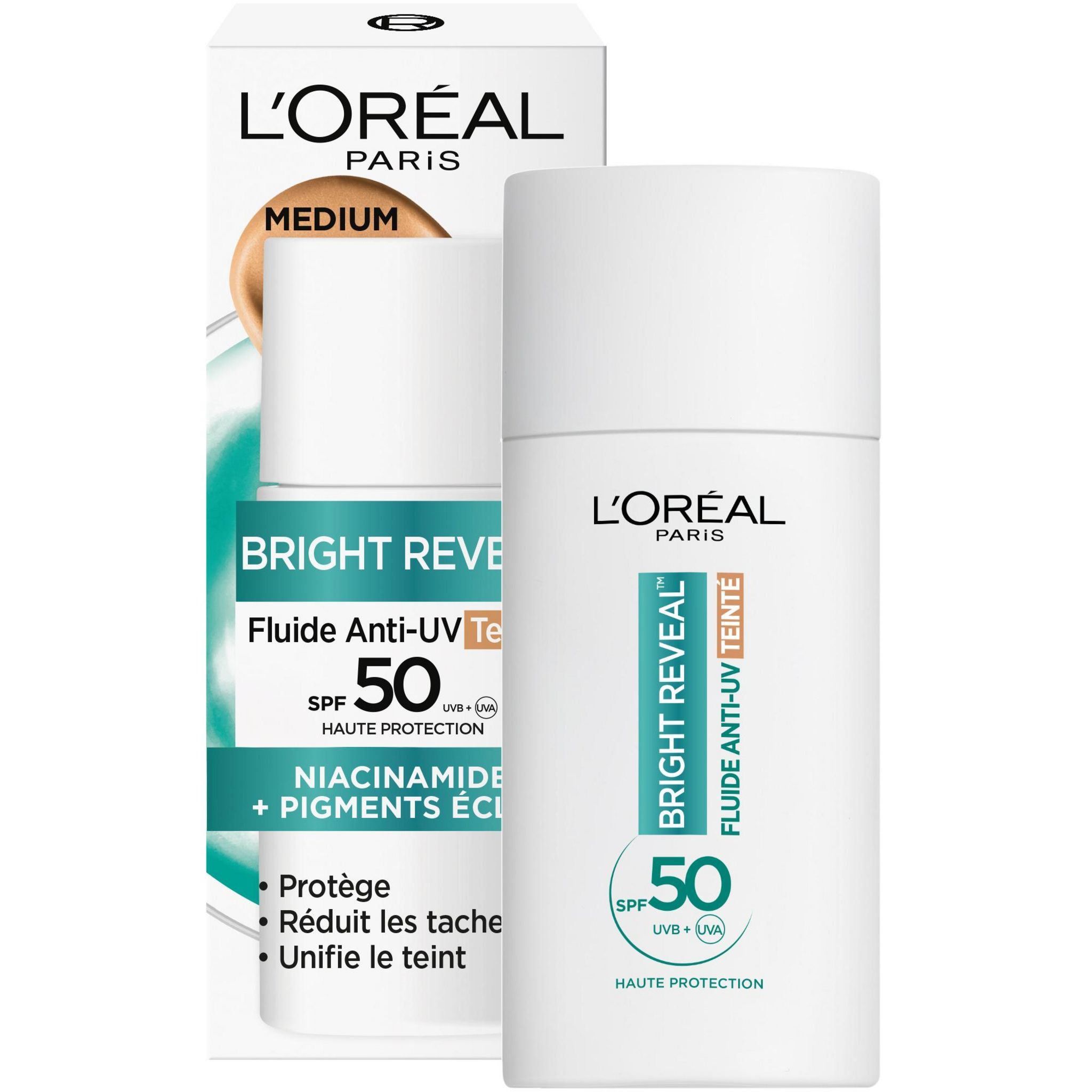 Voir la diapositive 2 : L'OREAL Bright Reveal Fluide anti-UV teinté SPF50 niacinamide 50ml