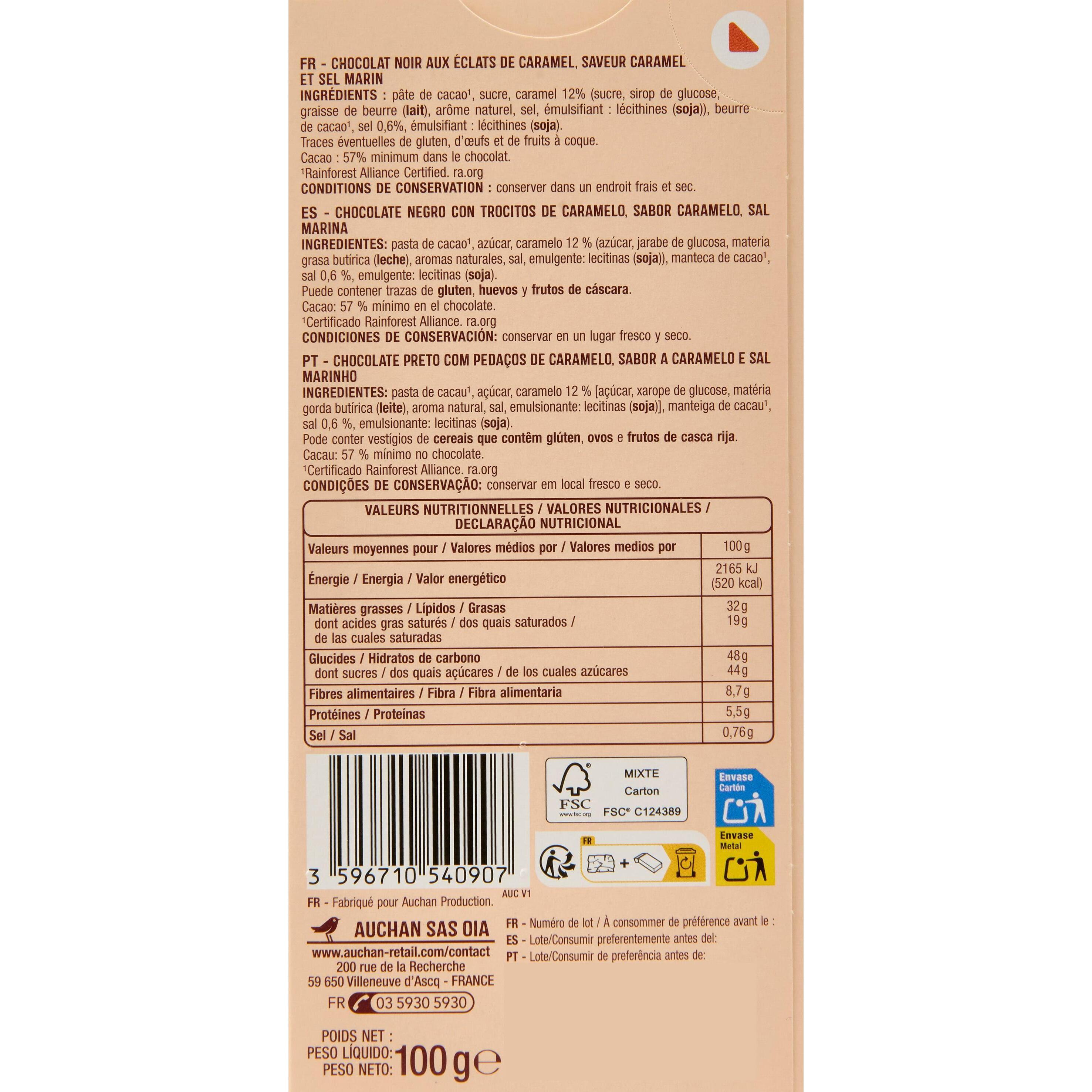 Voir la diapositive 2 : AUCHAN Tablette de chocolat noir caramel et sel marin 100g