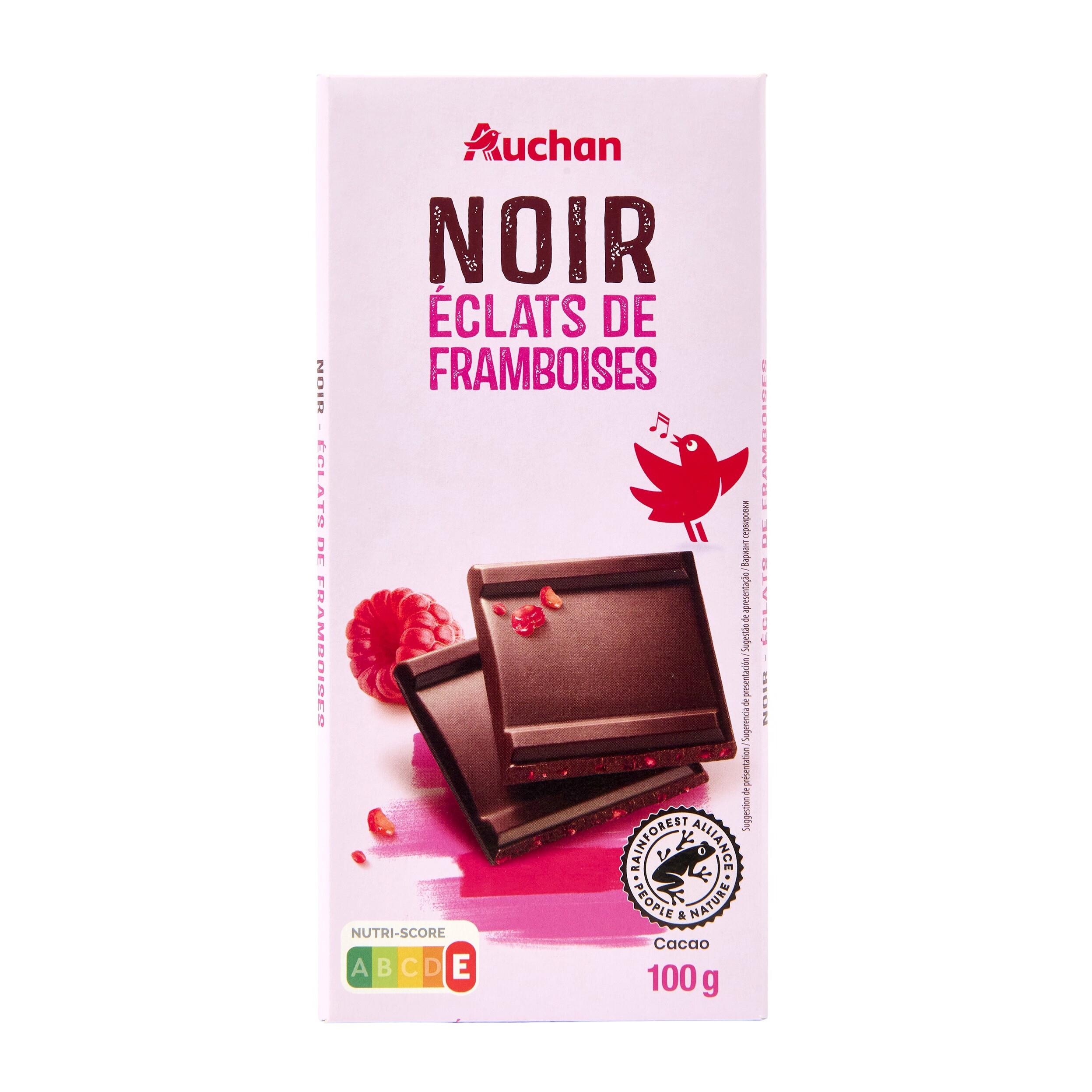Voir la diapositive 3 : AUCHAN Tablette de chocolat noir et éclats de framboises 100g