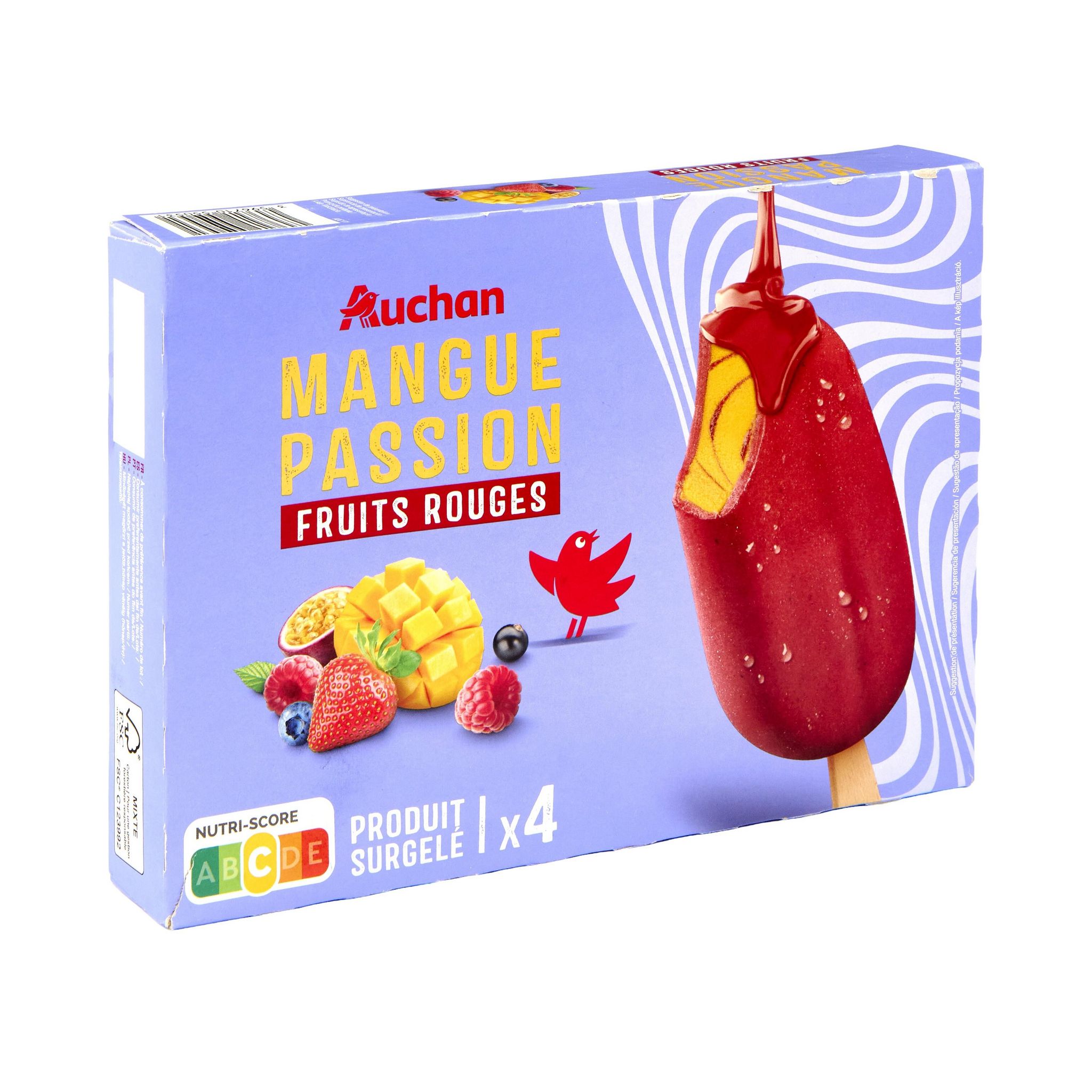 Voir la diapositive 2 : AUCHAN Batonnets mangue passion fruits rouges 4 pièces 276g