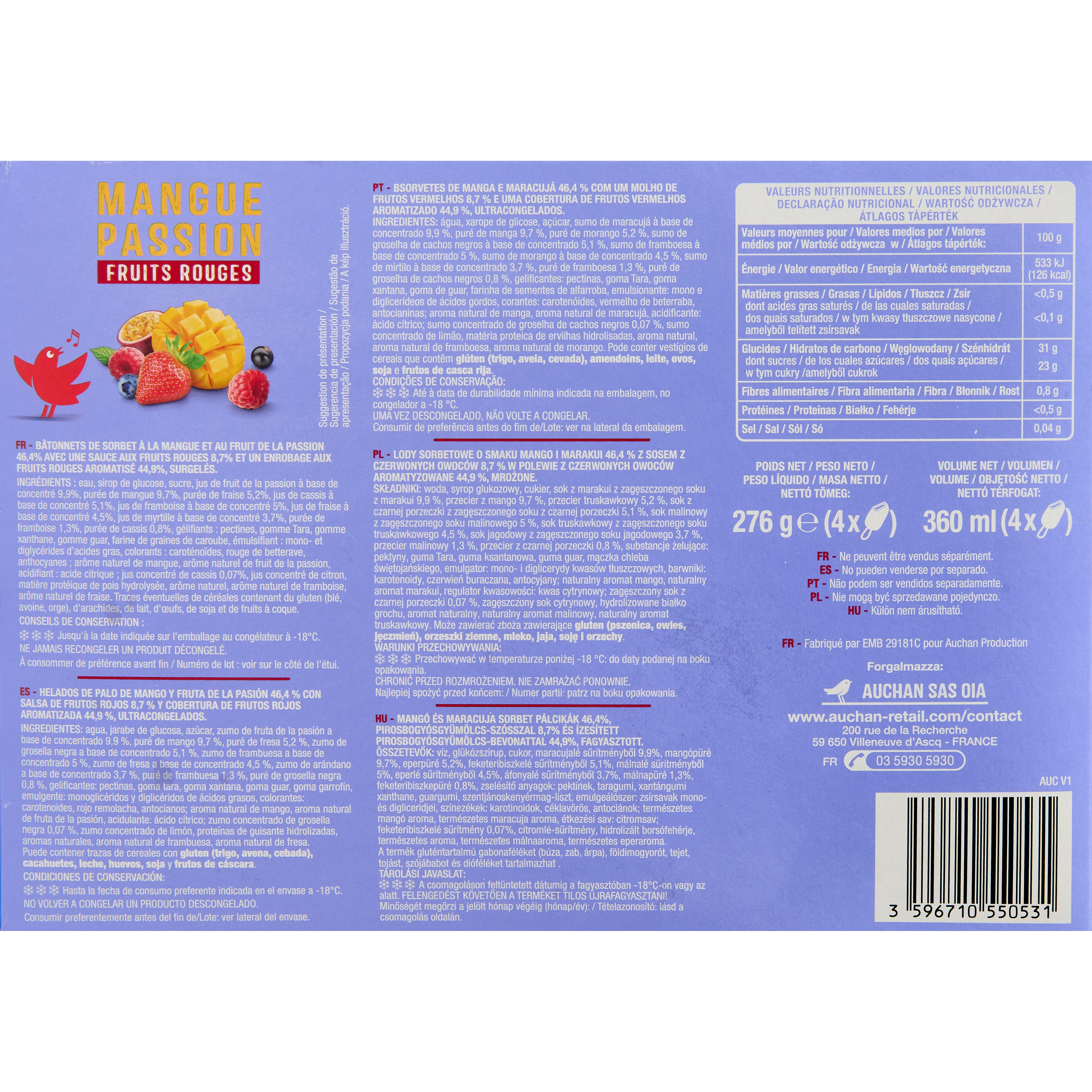 Voir la diapositive 3 : AUCHAN Batonnets mangue passion fruits rouges 4 pièces 276g