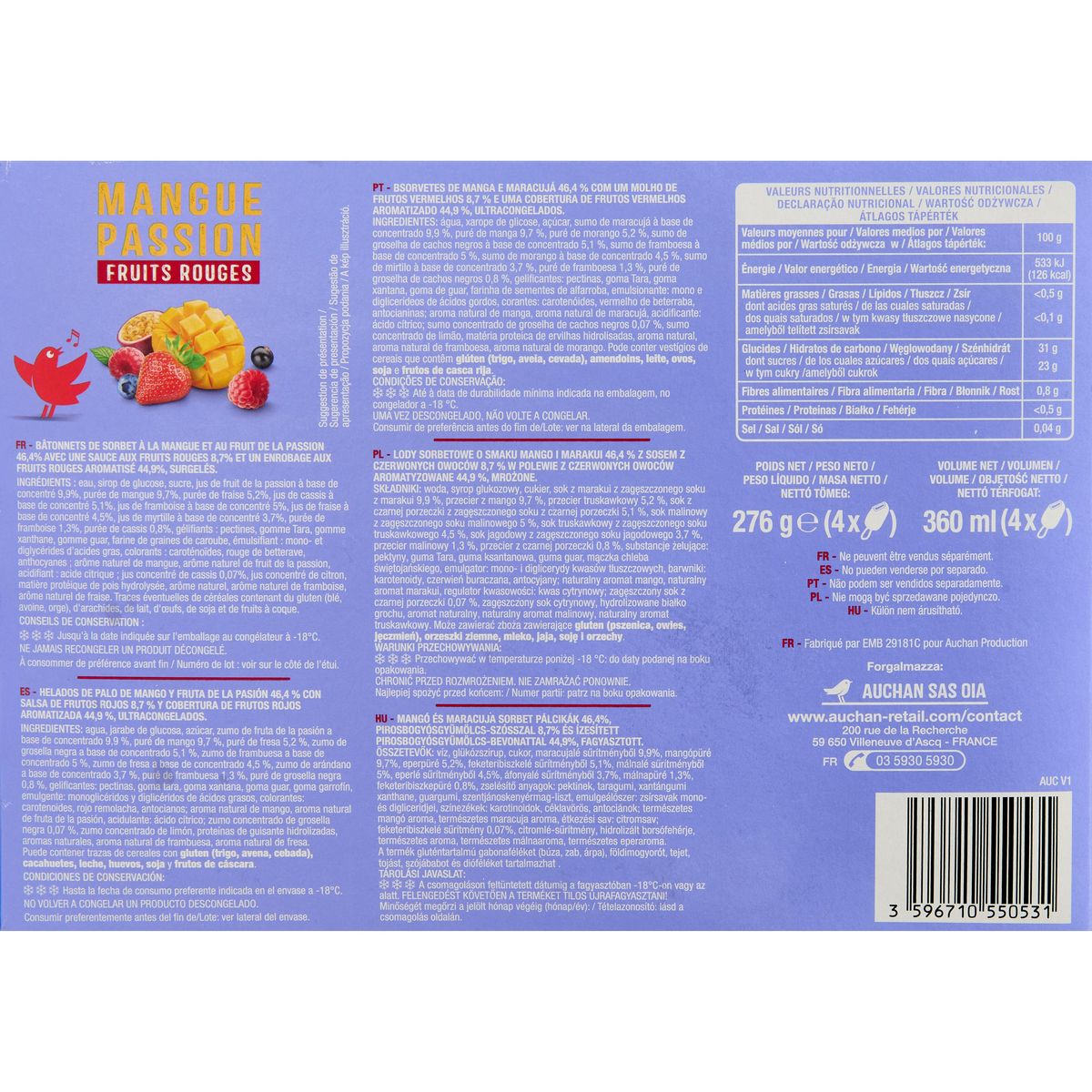 AUCHAN Batonnets mangue passion fruits rouges 4 pièces 276g