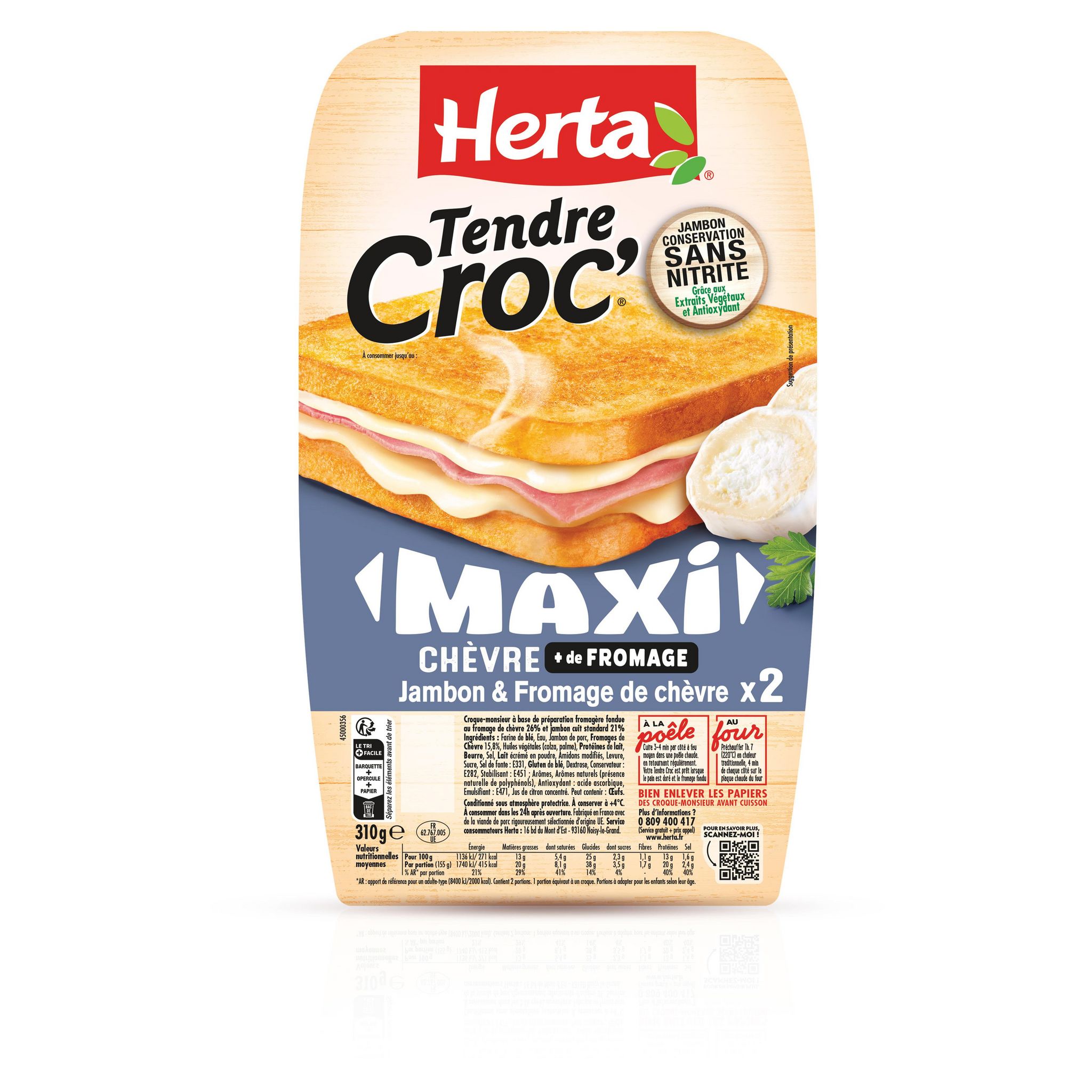 HERTA Croque monsieur maxi fromage de chèvre et jambon 2 pièces 310g
