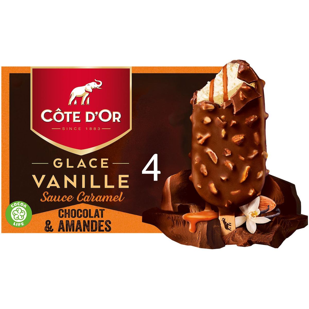 COTE D'OR Bâtonnets glace vanille sauce caramel chocolat et amandes 4 pièces 276g