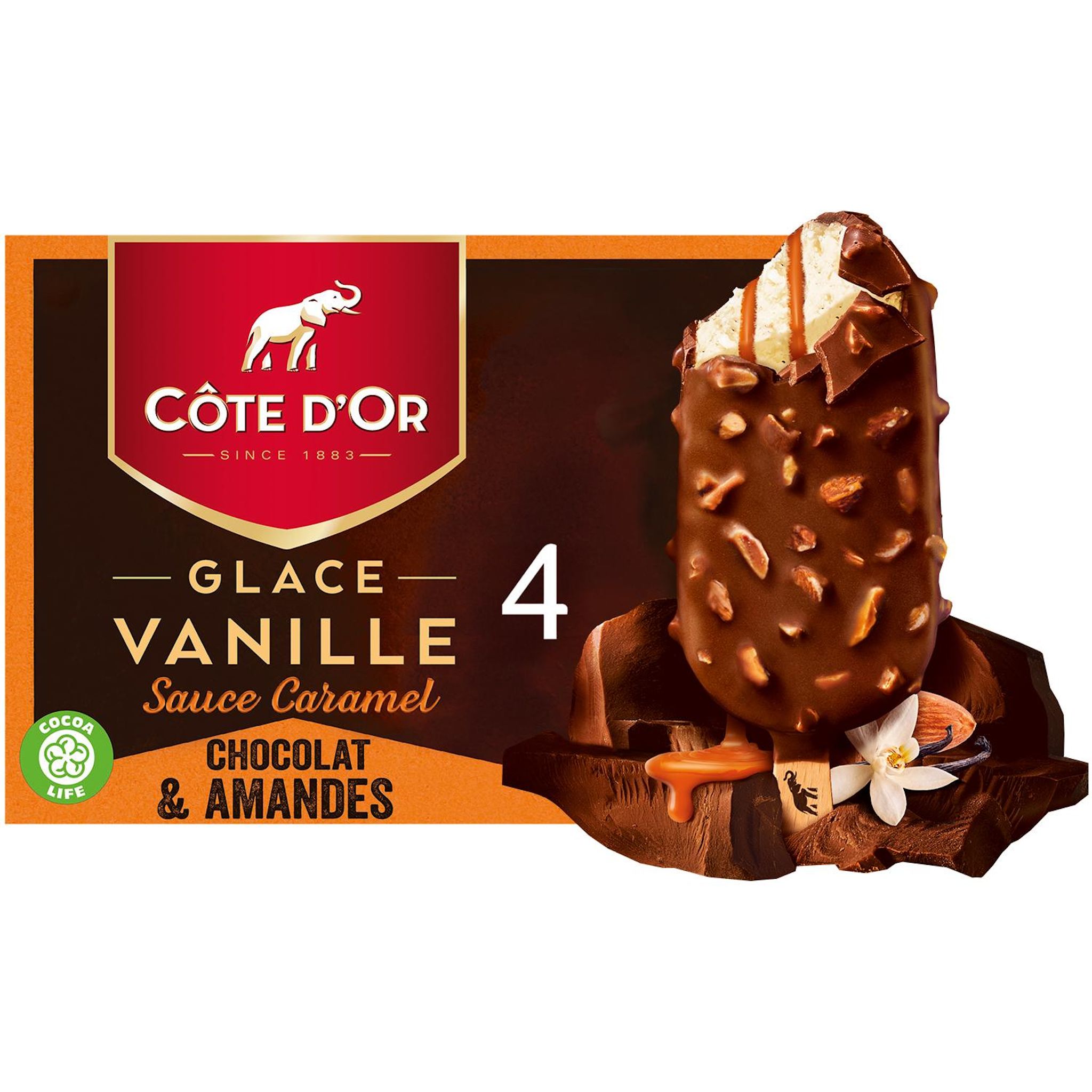 Voir la diapositive 2 : COTE D'OR Bâtonnets glace vanille sauce caramel chocolat et amandes 4 pièces 276g