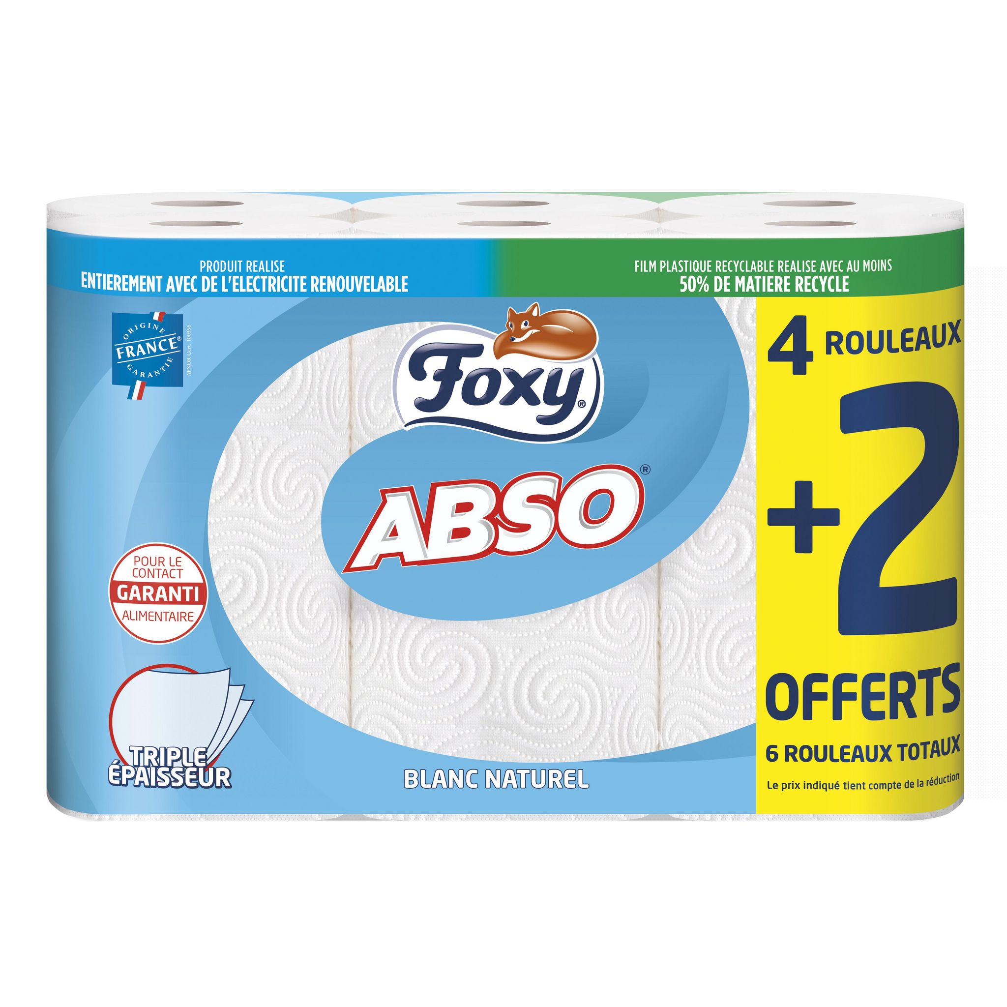 FOXY Essuie-tout abso blanc triple épaisseur 4 rouleaux + 2 offerts