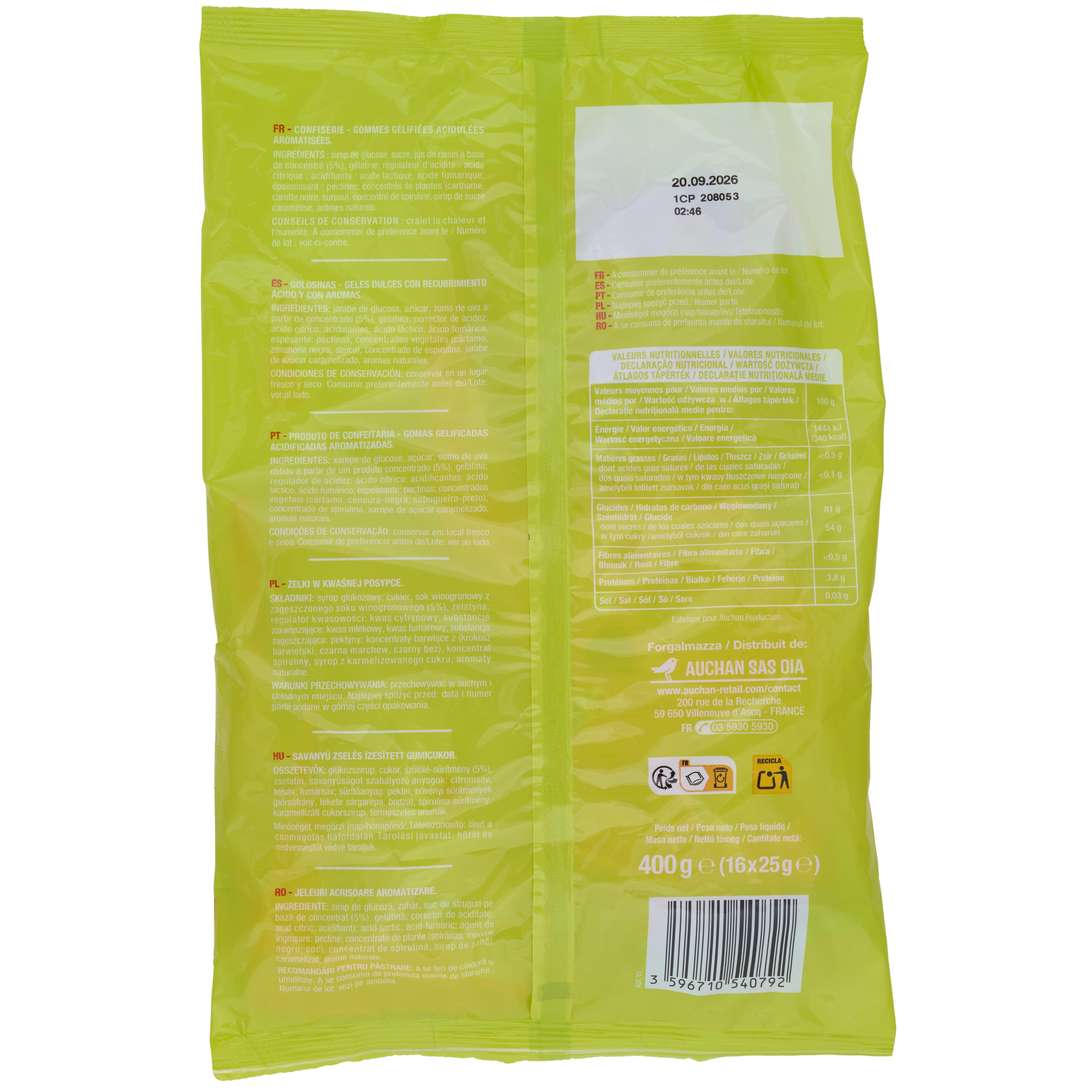 Voir la diapositive 2 : AUCHAN Bonbons piquants aux fruits 16 sachets 16x25g
