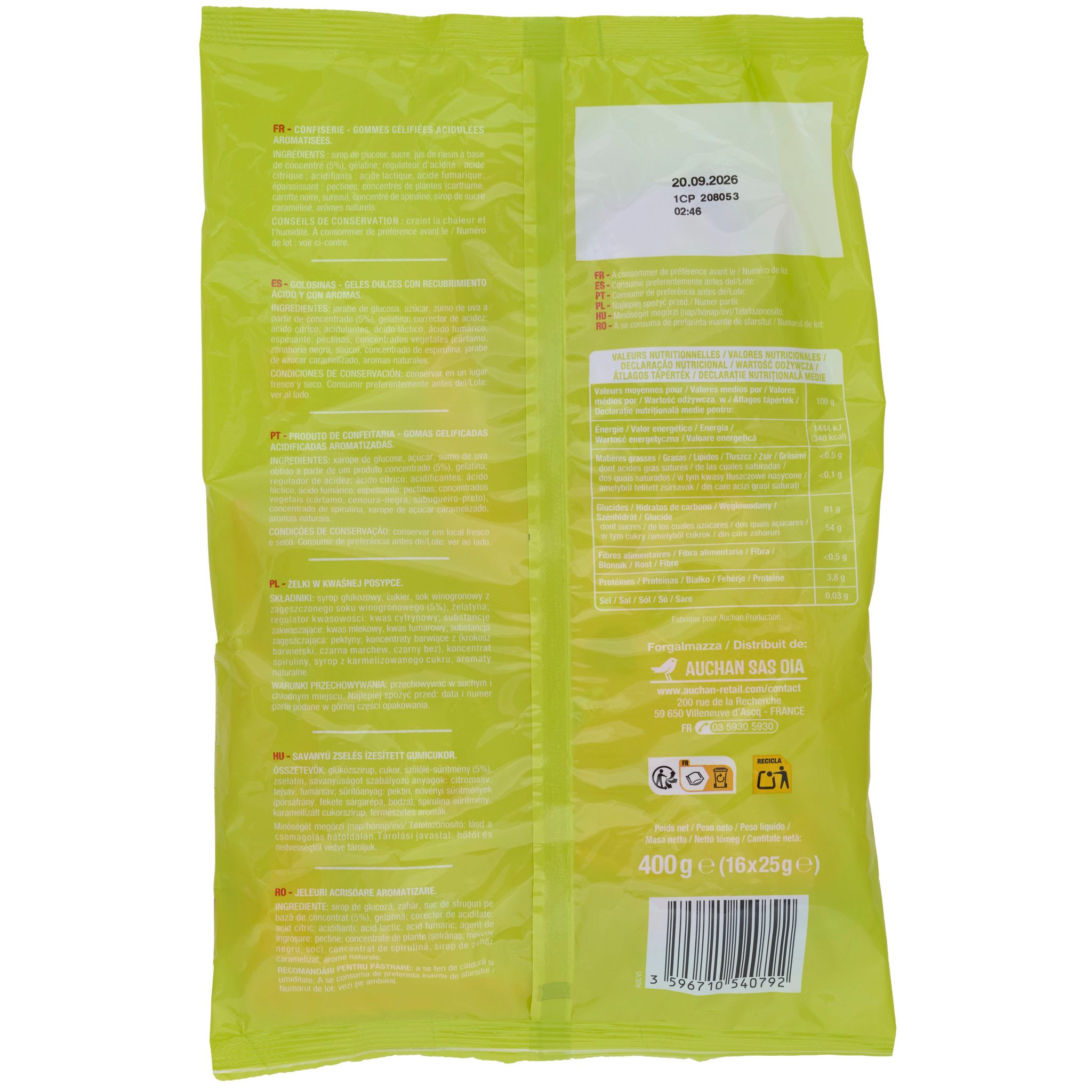 Voir la diapositive 2 : AUCHAN Bonbons piquants aux fruits 16 sachets 16x25g