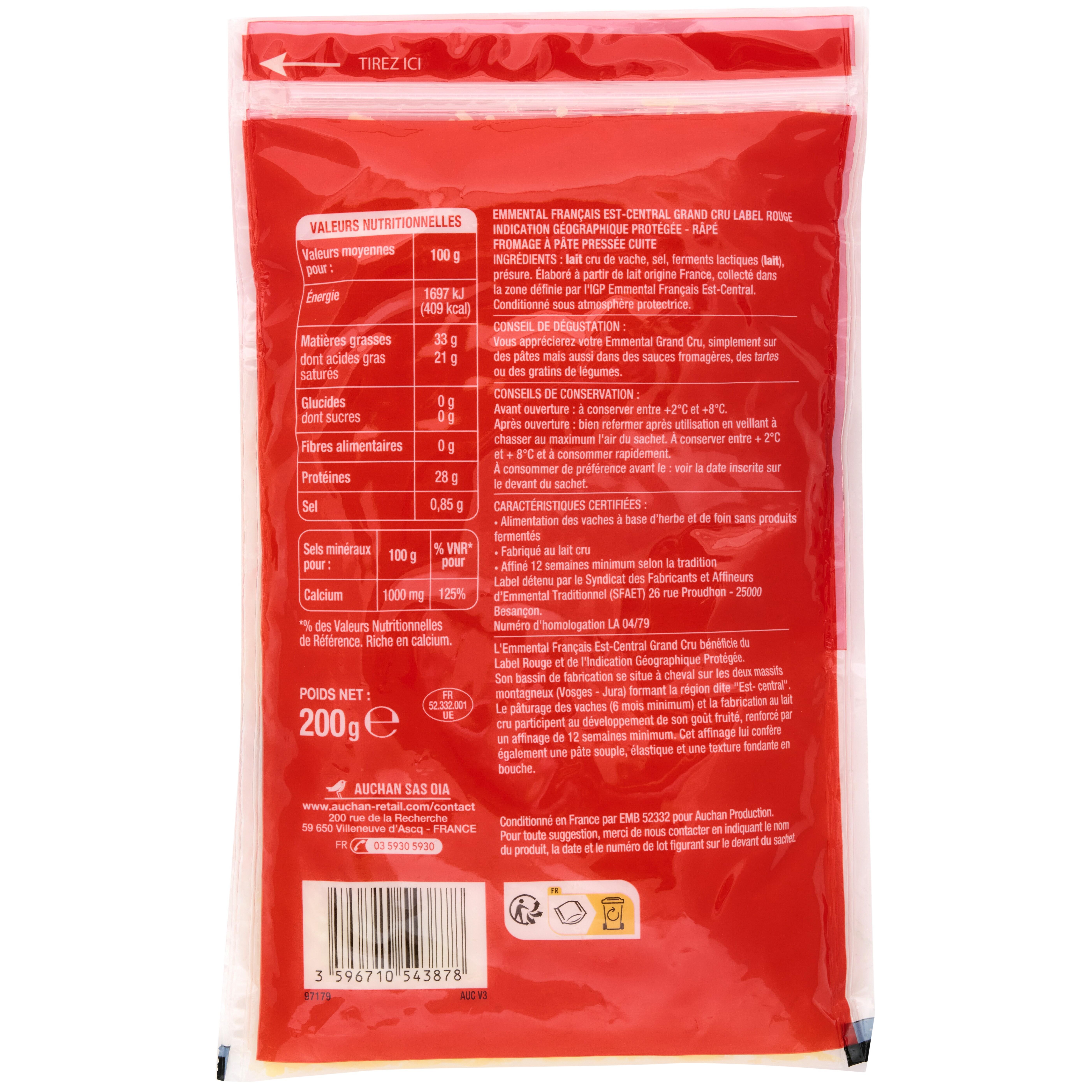 Voir la diapositive 3 : AUCHAN Emmental grand cru rapé 200g