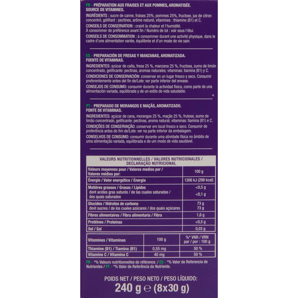 AUCHAN EAT'N MOVE Gel énergisant saveur fraise pomme 8x30g