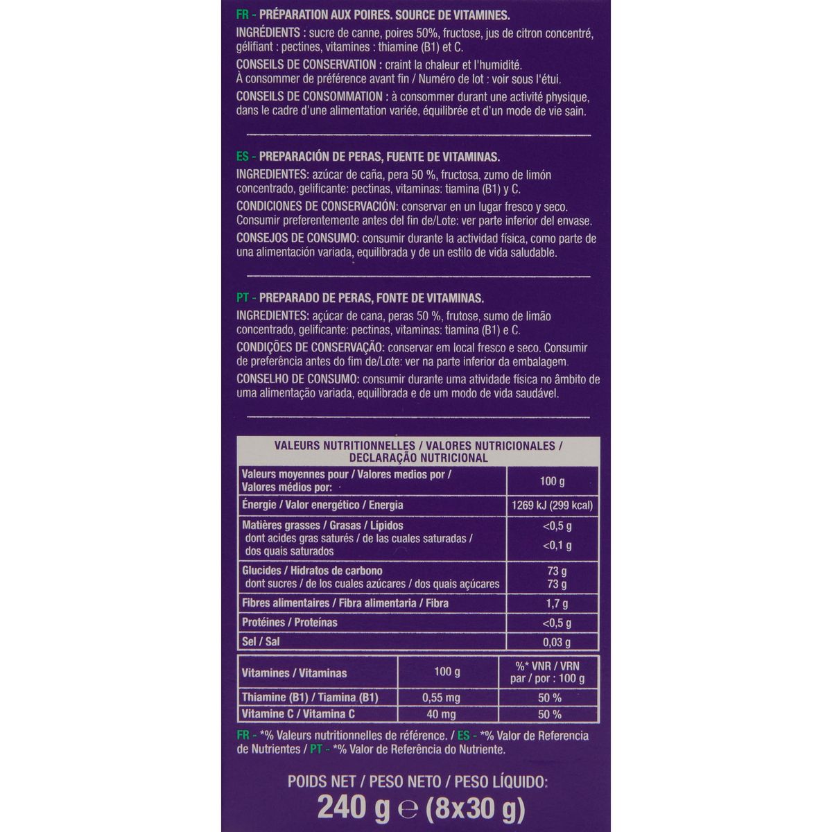 AUCHAN EAT'N MOVE Gel énergisant saveur poire 8x30g