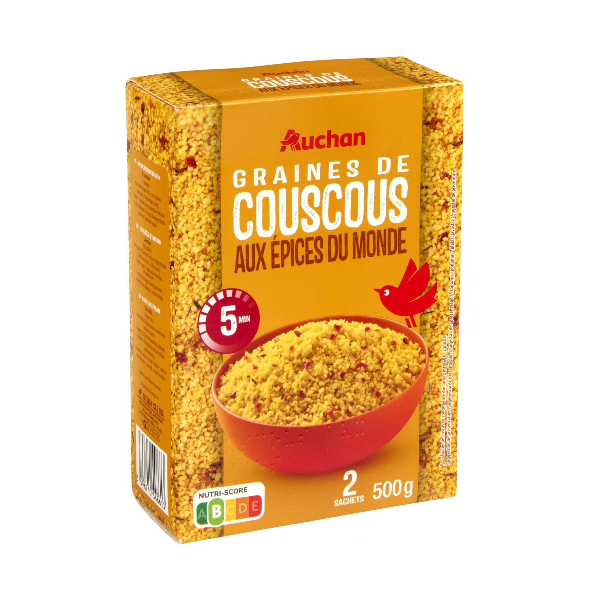 Voir la diapositive 2 : AUCHAN Couscous parfumé aux épices du monde prêt en 5min 2x250g