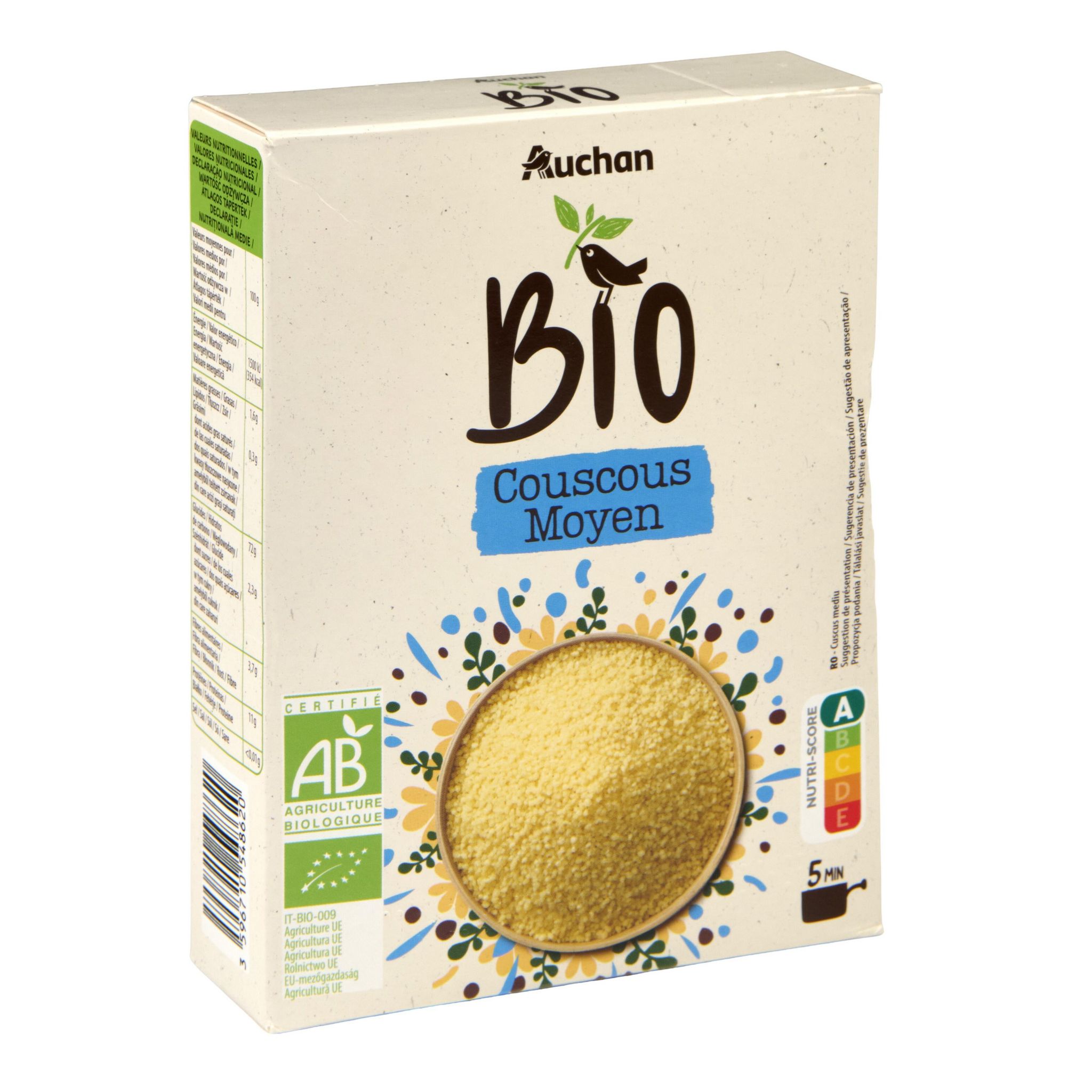 Voir la diapositive 2 : AUCHAN BIO Couscous moyen bio 500g