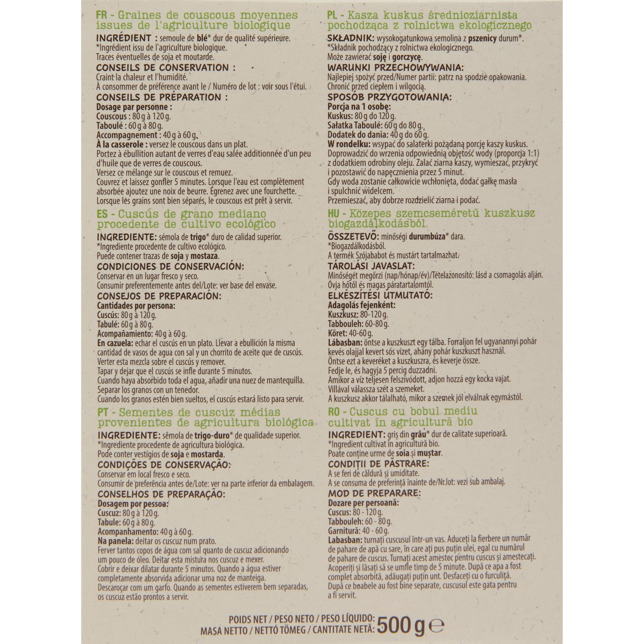 Voir la diapositive 4 : AUCHAN BIO Couscous moyen bio 500g