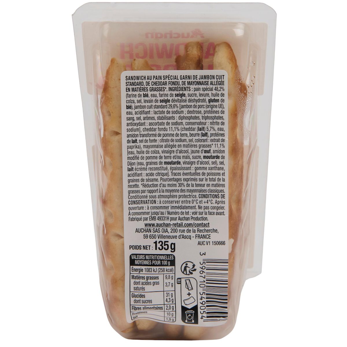 AUCHAN Sandwich suédois jambon cheddar 135g