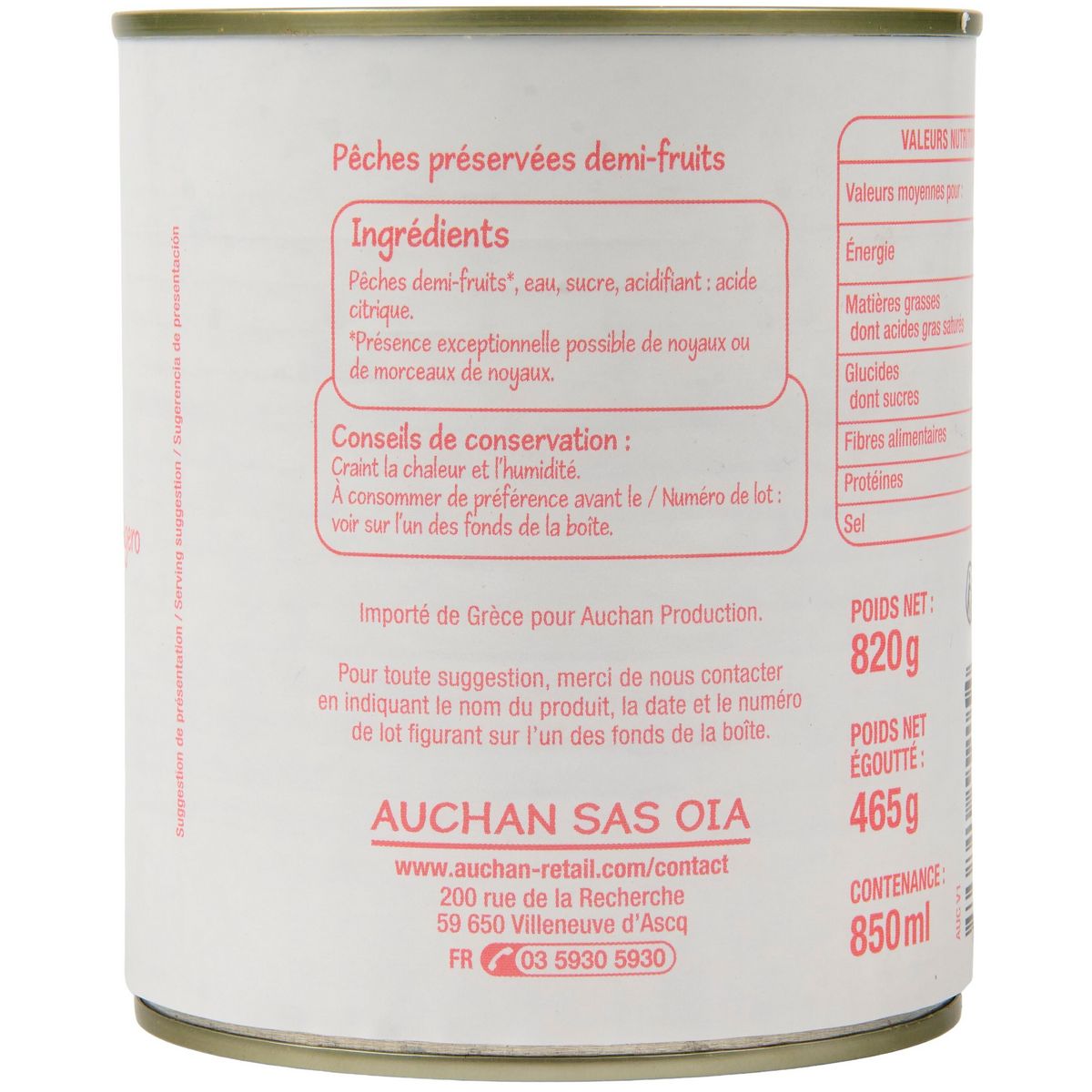 POUCE Pêches demi-fruits au sirop léger 820g