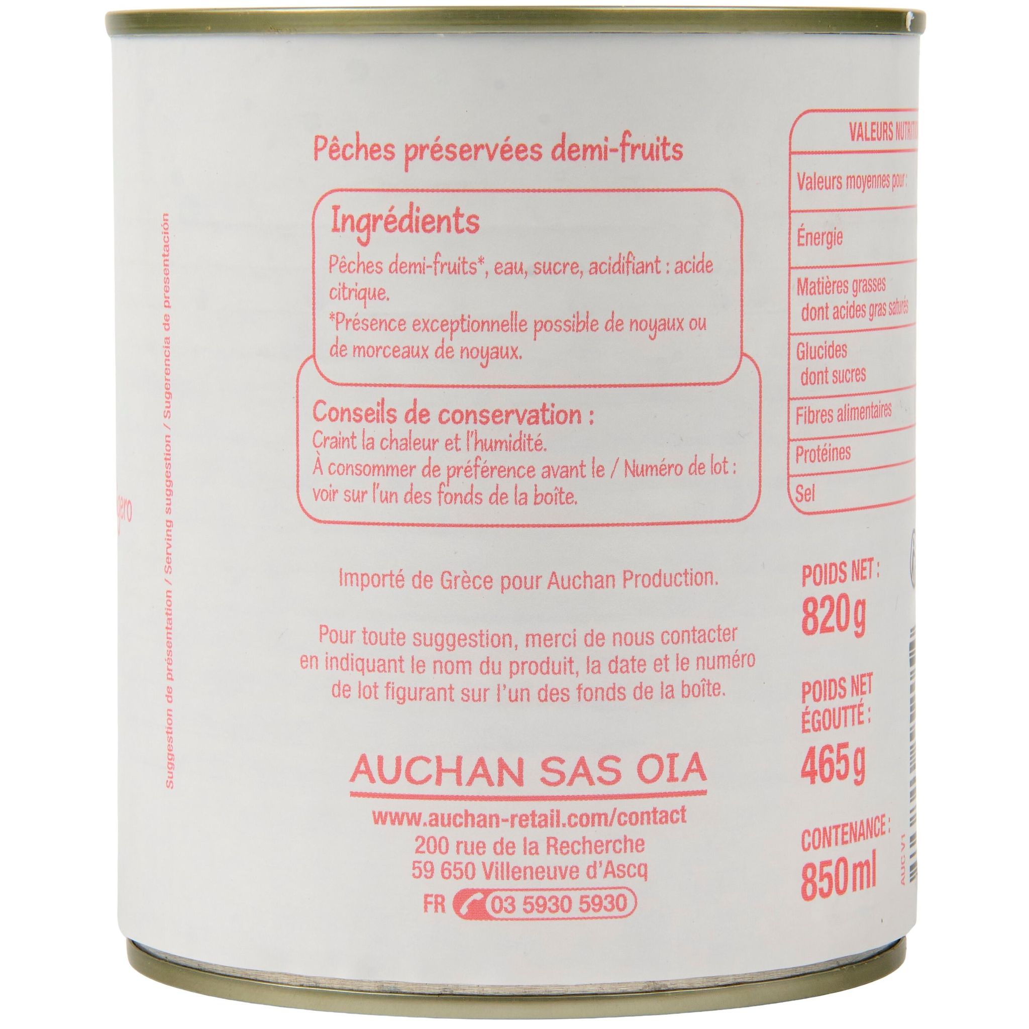 Voir la diapositive 2 : POUCE Pêches demi-fruits au sirop léger 820g