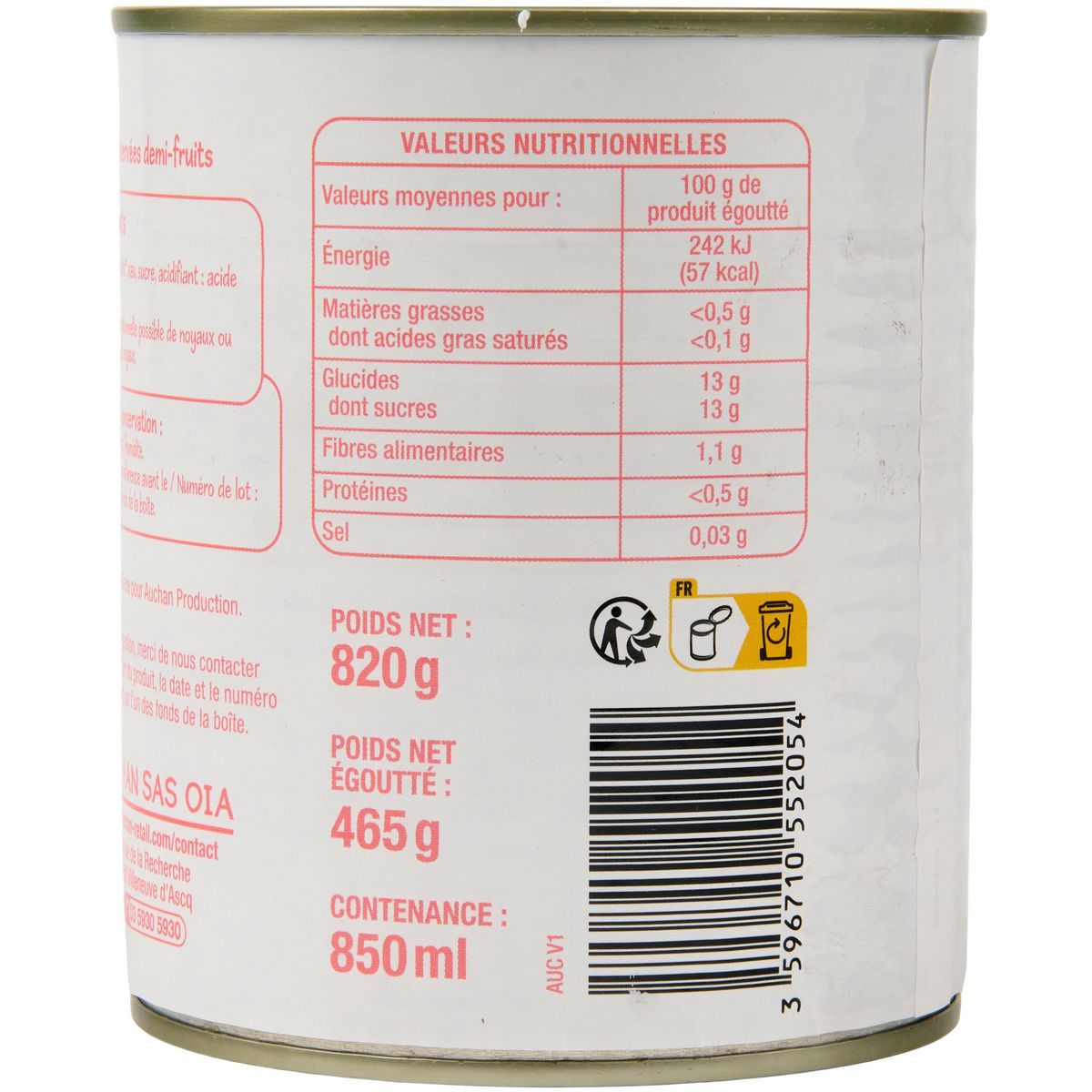 POUCE Pêches demi-fruits au sirop léger 820g