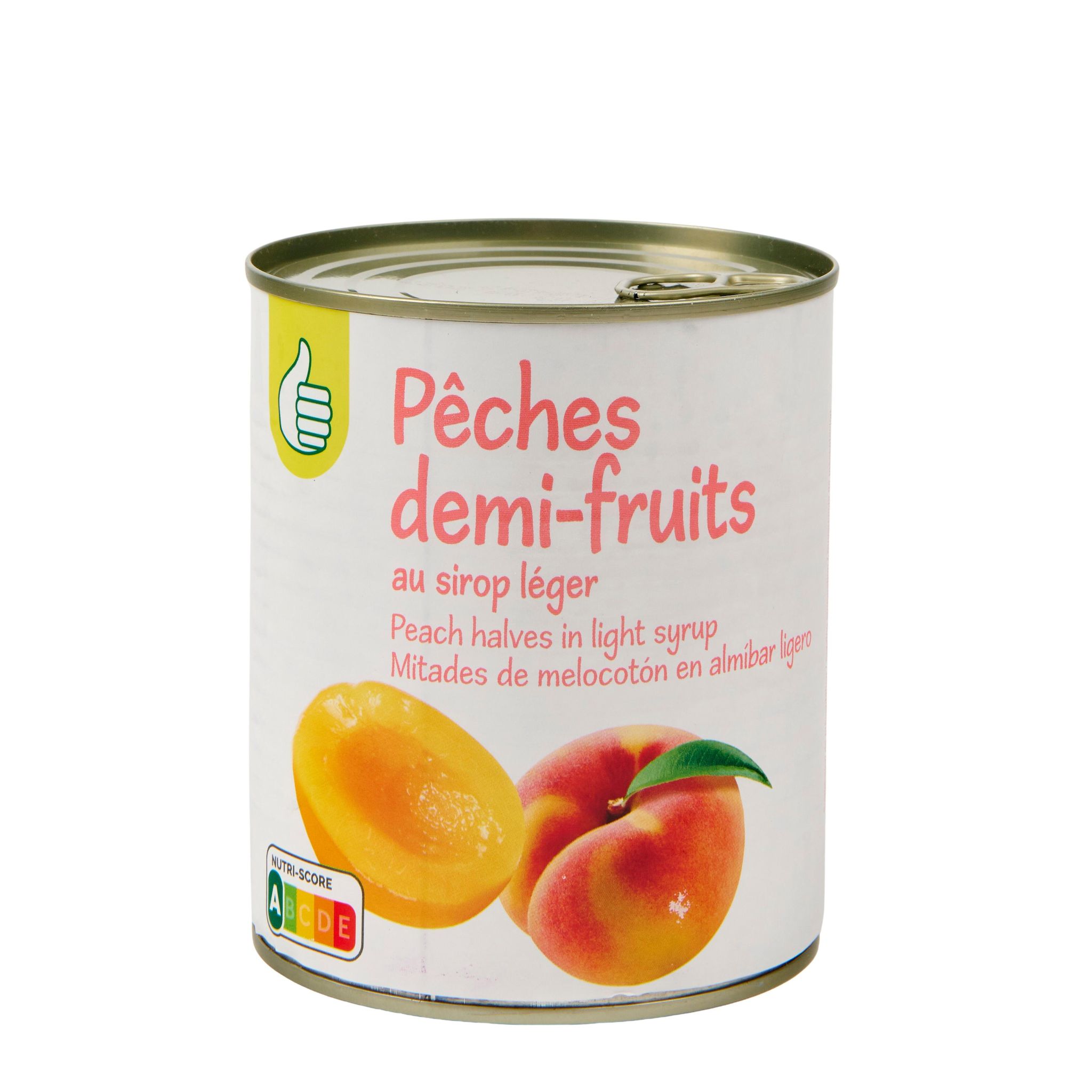 Voir la diapositive 4 : POUCE Pêches demi-fruits au sirop léger 820g