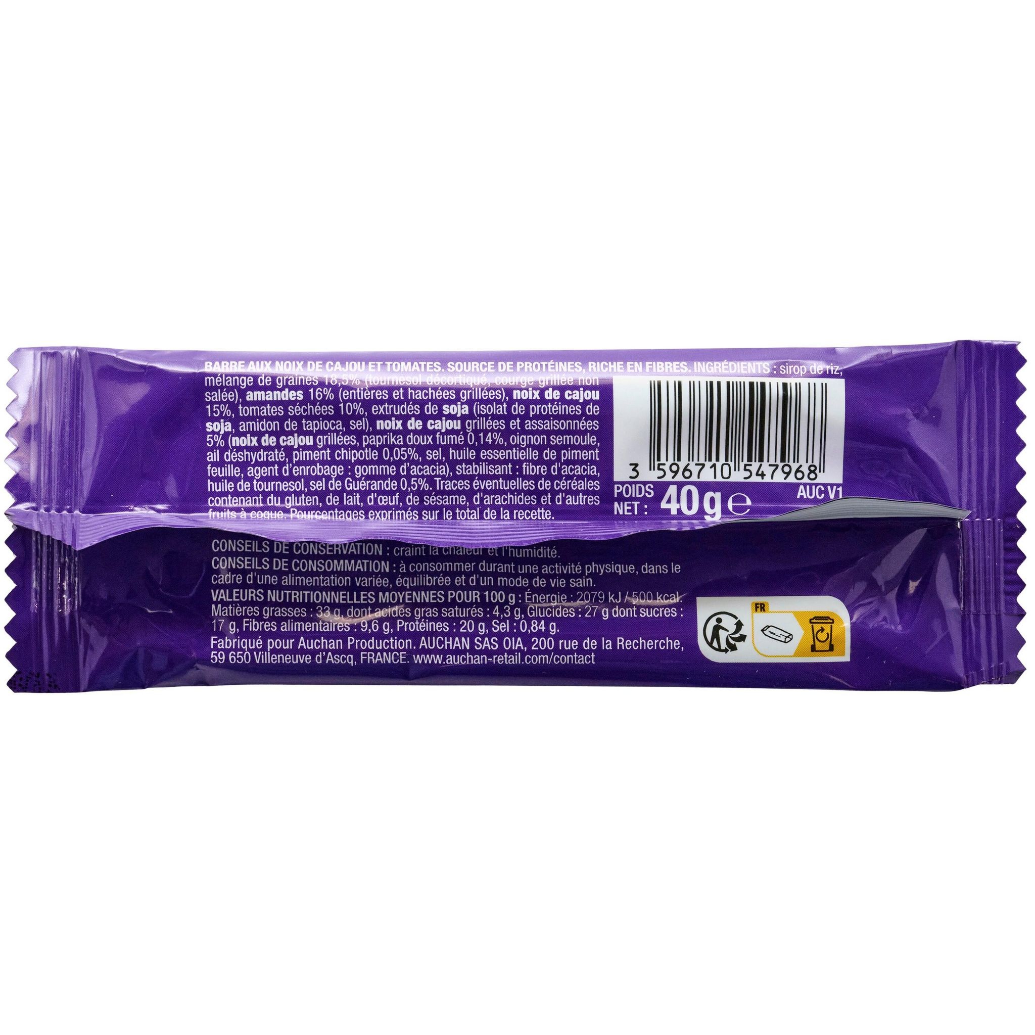 Voir la diapositive 3 : AUCHAN EAT'N MOVE Barre énergétique salée noix de cajou tomate paprika 40g