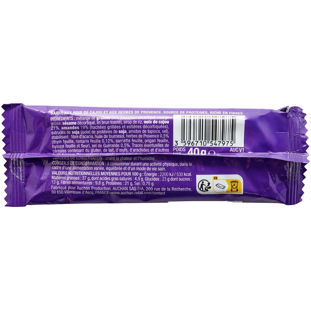 AUCHAN EAT'N MOVE Barre énergétique salée noix de cajou herbes de Provence 40g