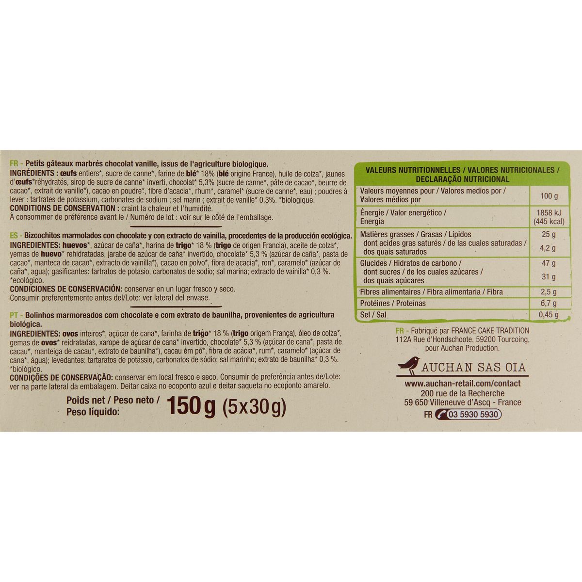 AUCHAN BIO Mini cakes marbrés bio 150g