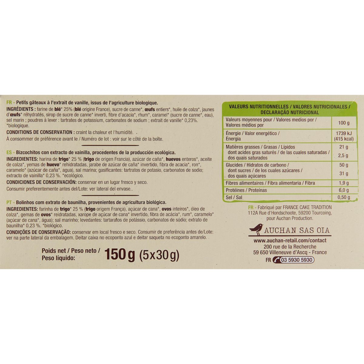 AUCHAN BIO Mini cakes nature 5 cakes 150g