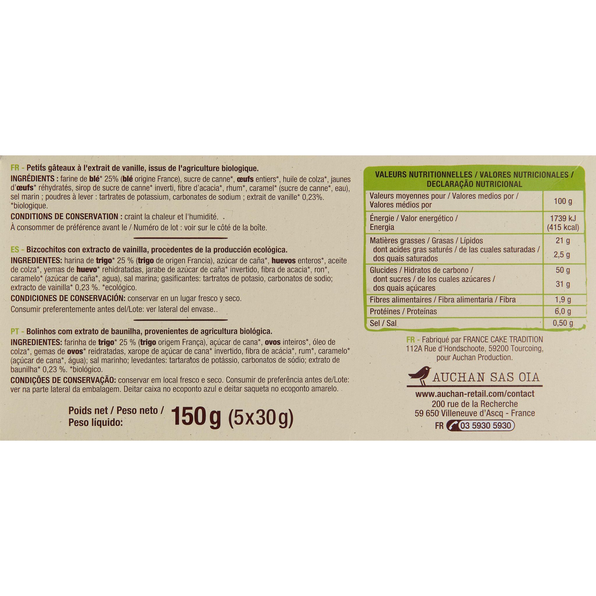 Voir la diapositive 2 : AUCHAN BIO Mini cakes nature 5 cakes 150g