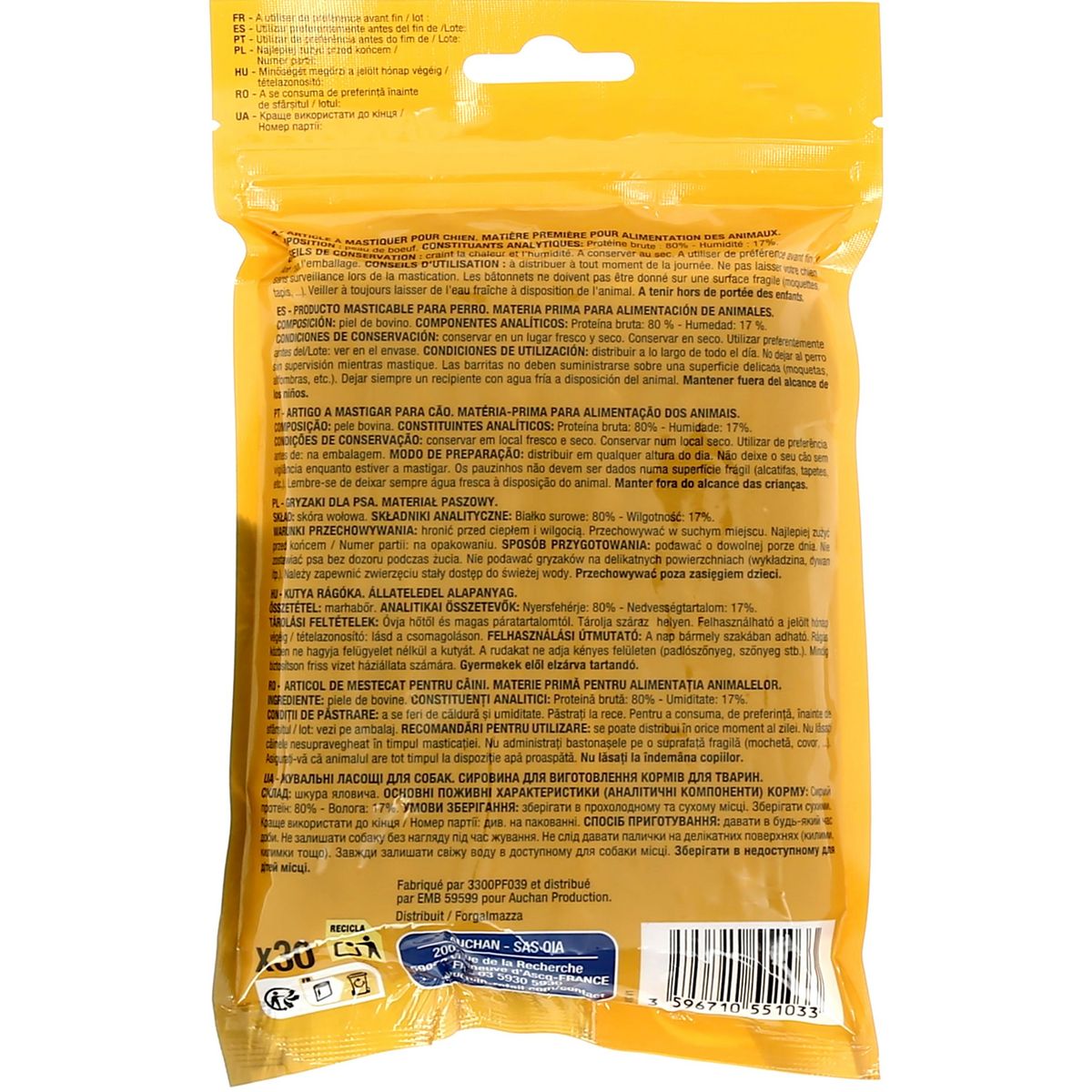 AUCHAN Friandises sticks hygiène dentaire pour chien X 30 190g