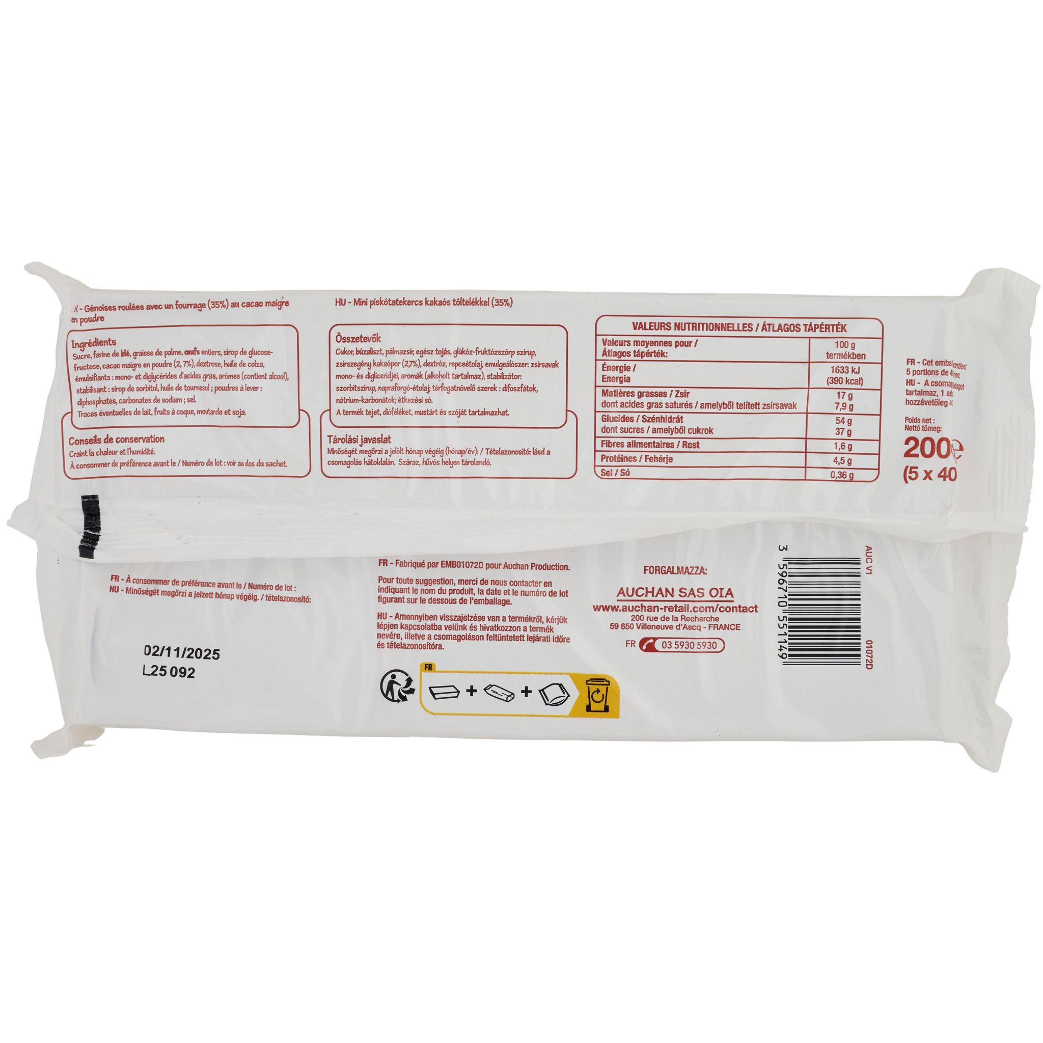 Voir la diapositive 3 : POUCE Mini roulés au fourrage cacao 5 génoises 200g